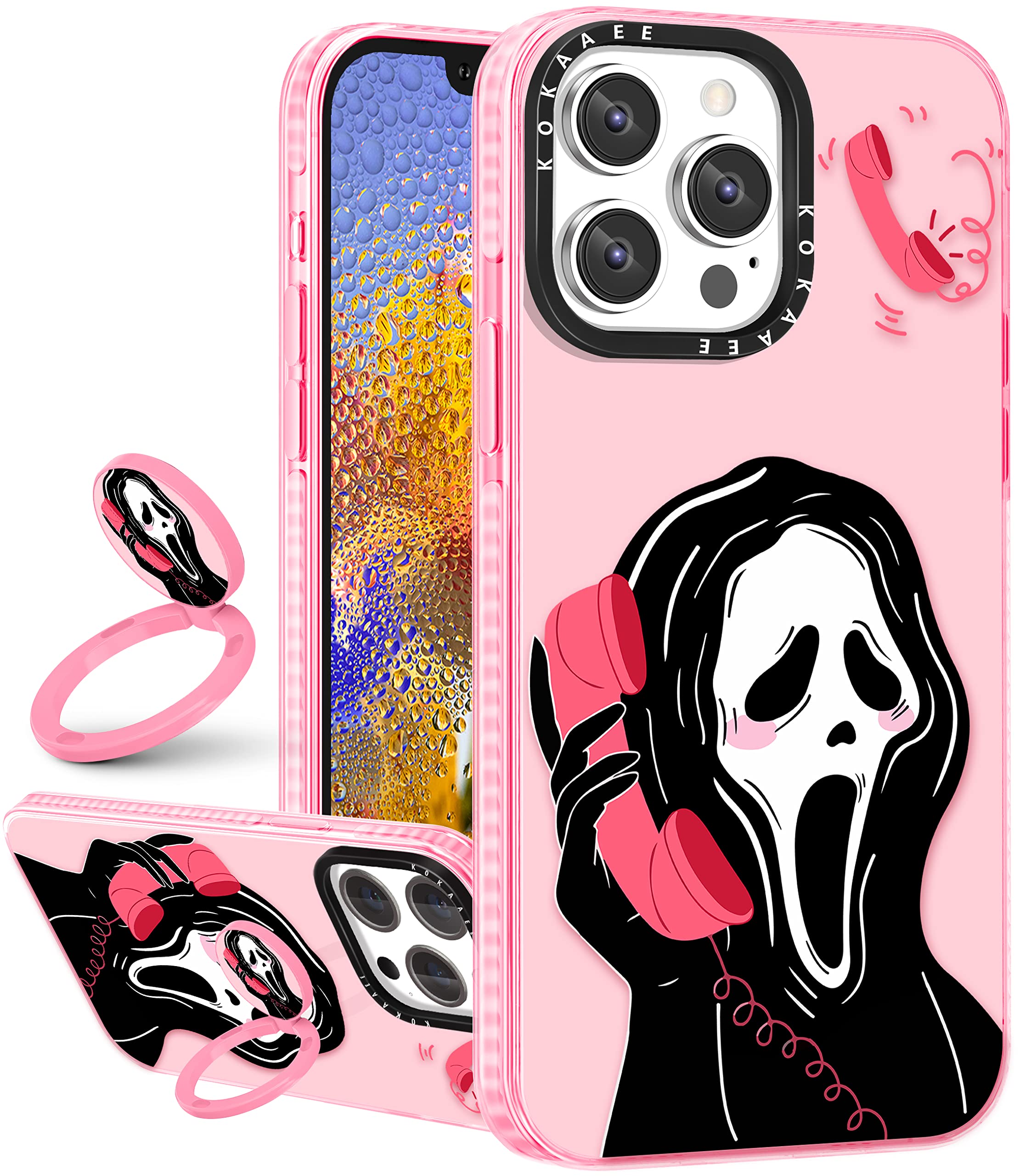 2 in 1 Cute Skull Skeleton iPhone 14 Pro Max Case for Women - Soft TPU Bumper Cover with Ring Holder - Gothic Girly Phone Case for 6.7