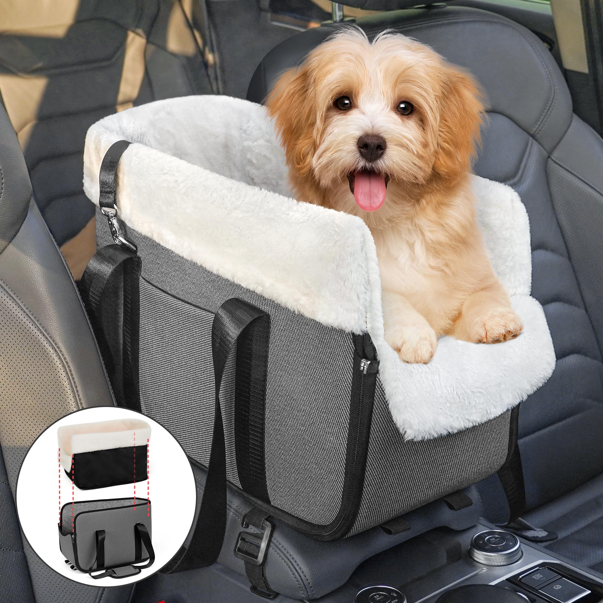 WOYYHO Foldable Dog Car Seat for Small Dogs up to 17 lbs - Portable Pet Booster Seat with Removable Velvet Liner, Safety Tether & Anti-Slip Waterproof Design - Perfect for Car Travel, Road Trips & Daily Commutes
