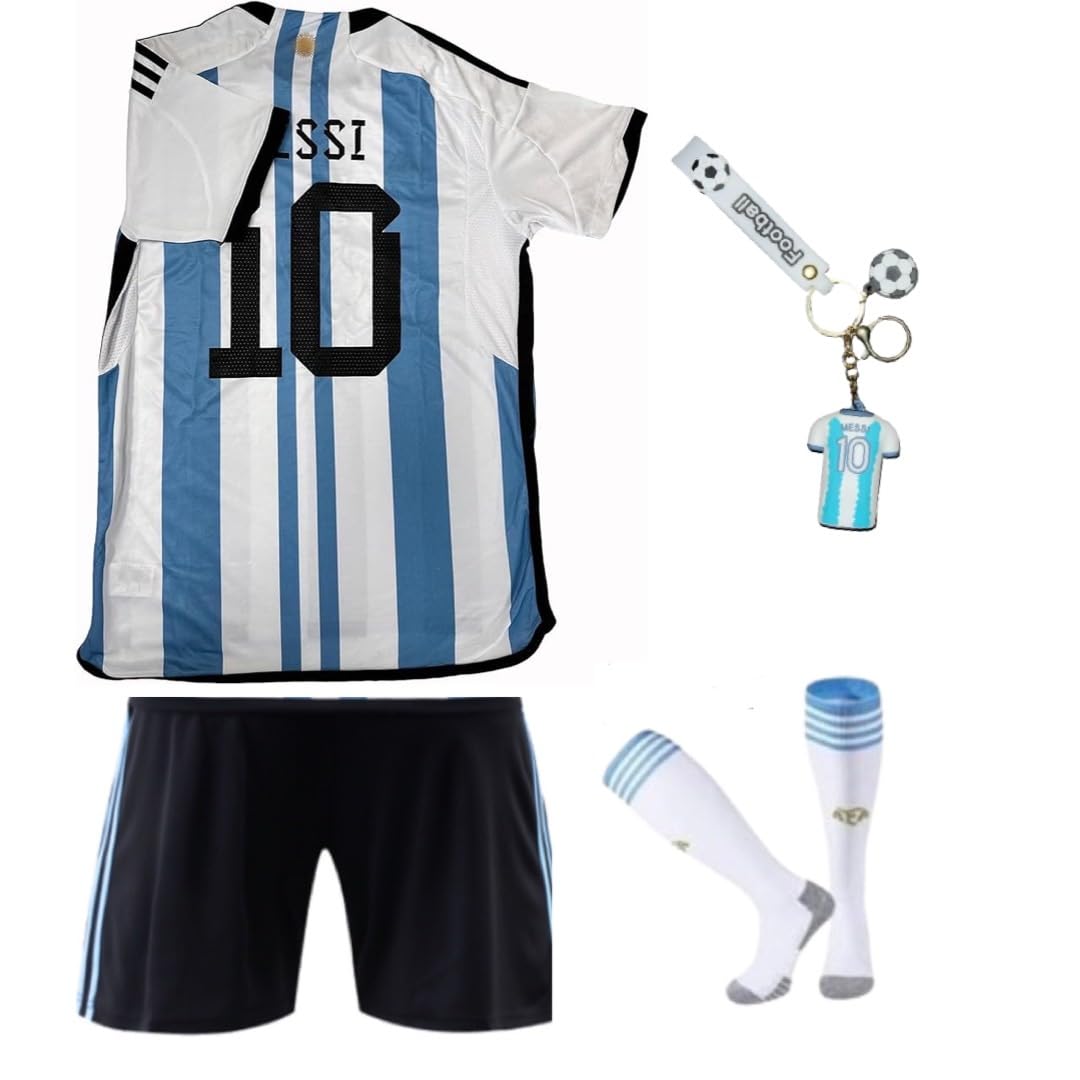 Argentina Kids Soccer Training Uniform Set - #10 Youth Jersey, Shorts, Socks & Keychain for Boys & Girls | Perfect for Team Practice, Games & Fan Gifts