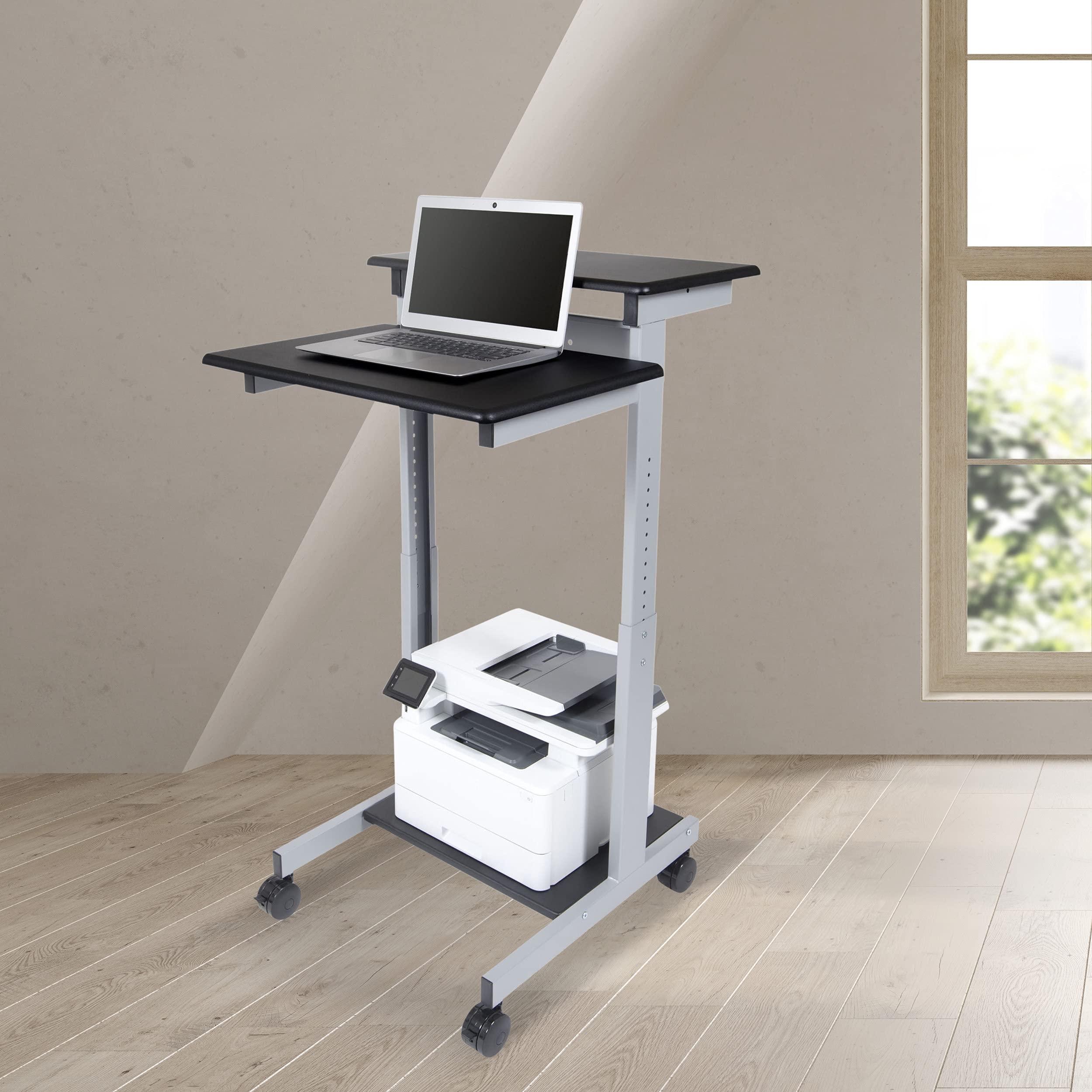 Adjustable Height Standing Desk with Wheels - 2-Tier Rolling Computer Workstation (Silver Frame/Black Top, 24