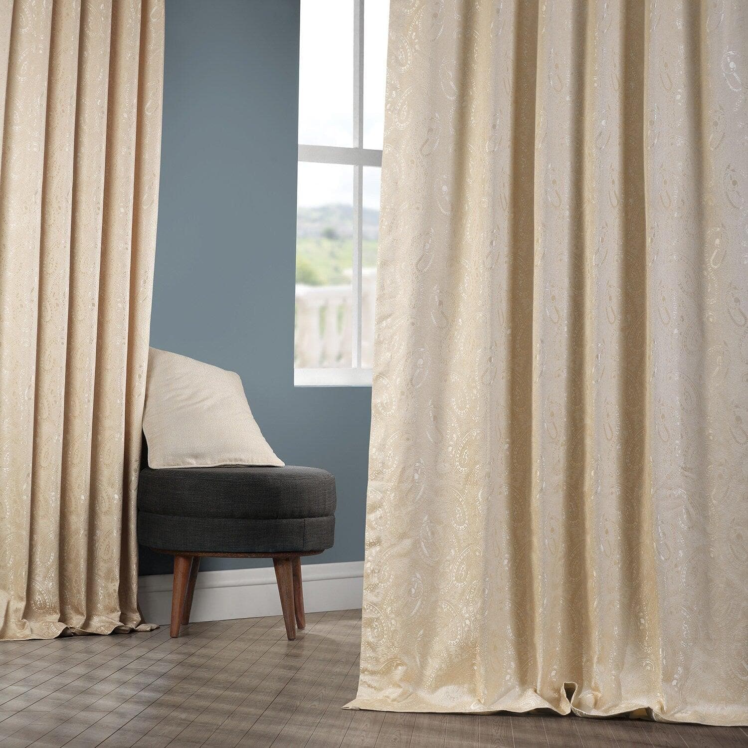 Latika Sand Paisley Jacquard Custom Curtains - Elegant Designer Window Treatments for Living Room & Bedroom Decor