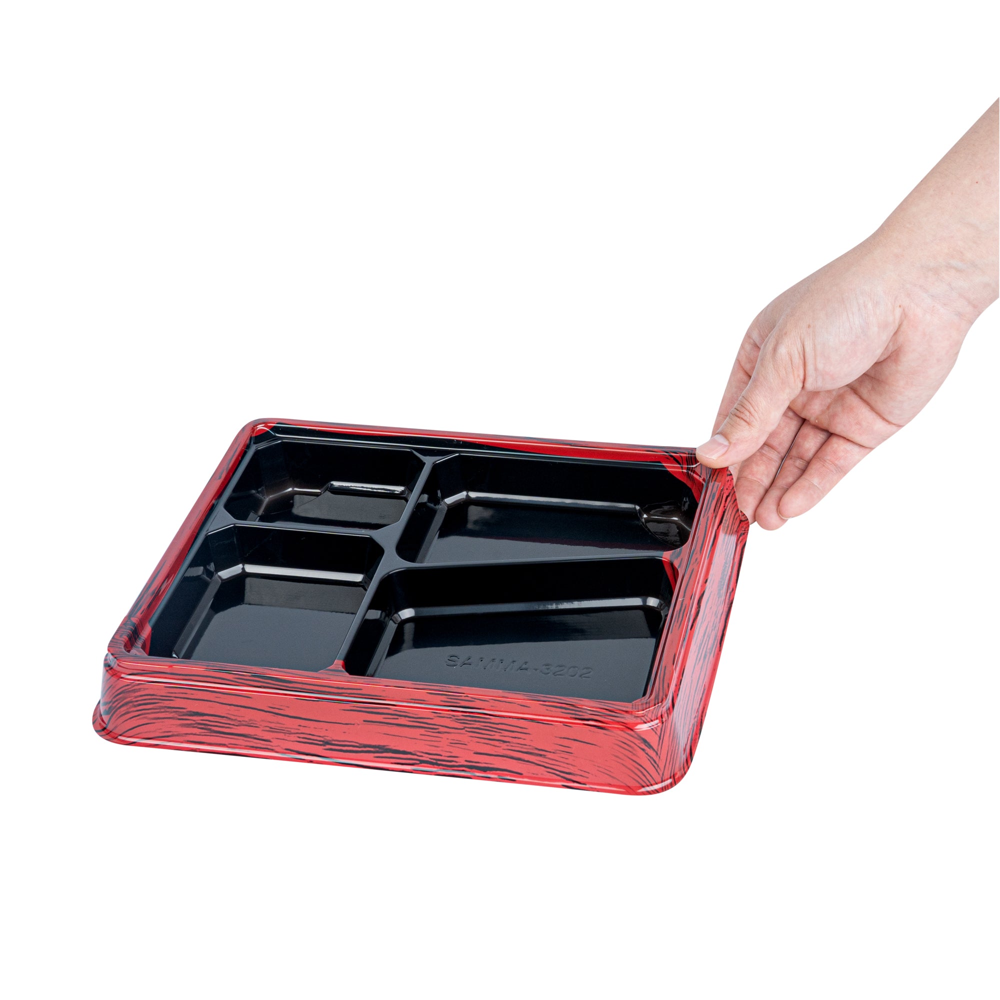Bento Tek 19 oz Rectangle Red and Black Plastic Bento Box with 4 Compartments - 9.25