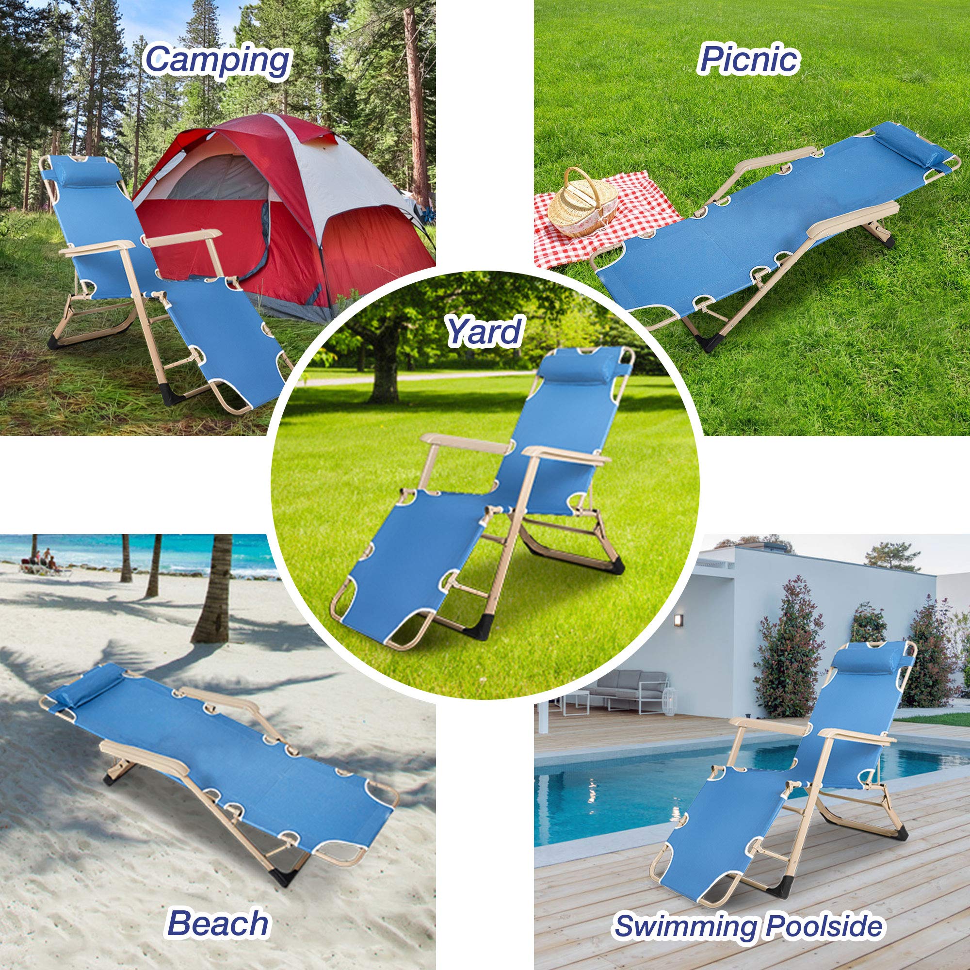 4 Pack Outdoor Chaise Lounge Chairs - Lightweight Folding Recliners with Removable Adjustable Pillow, Patio Poolside Sunbathing Chairs for Backyard, Beach & Garden - Blue