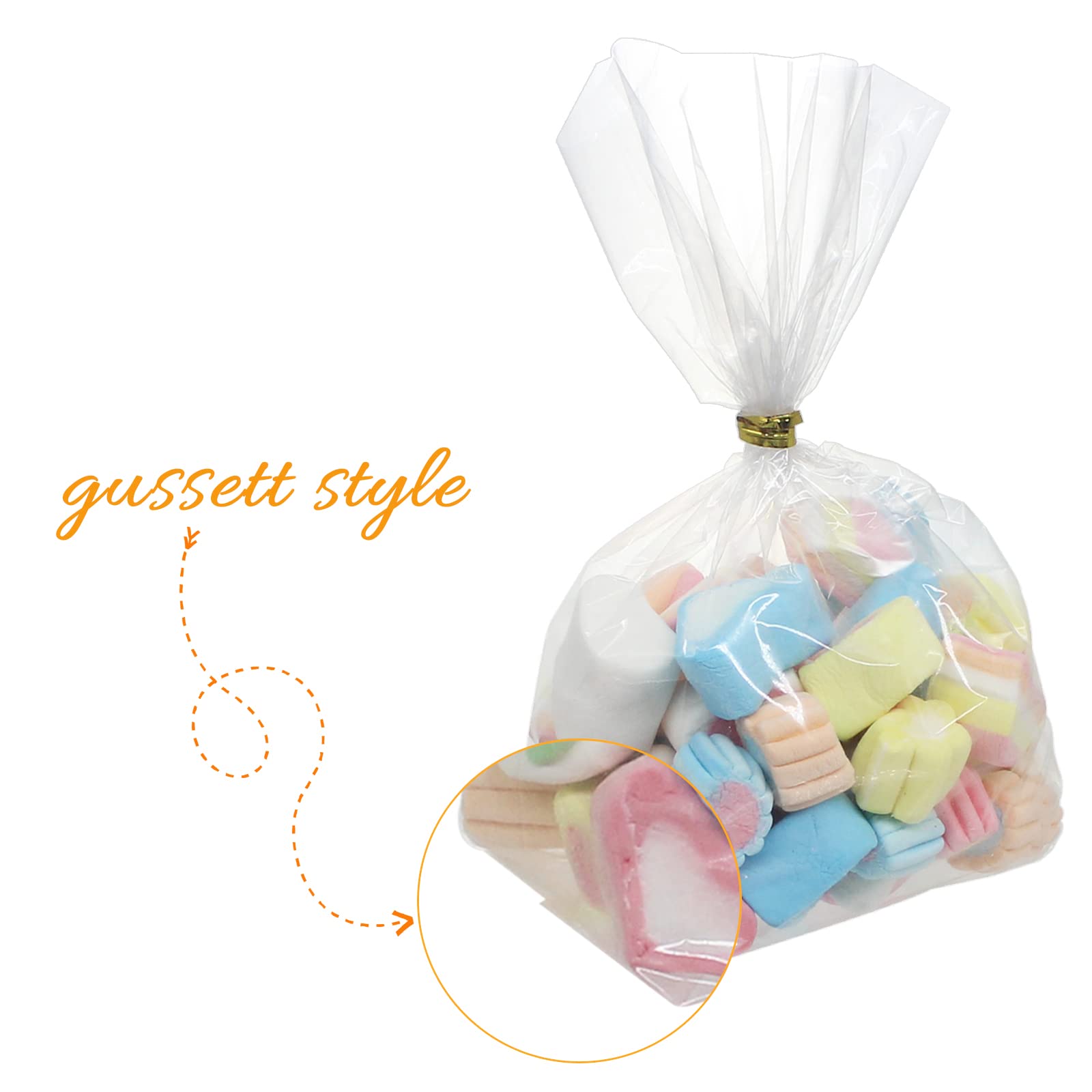 300 Pack 4” x 9” Clear Plastic Treat Bags with Side Gusset - Cookie Bags, Pastry Bags, Candy Bags - Includes Colorful Twist Ties - Perfect for Bakery, Party Favors, Wedding Treats & Gift Packaging (Translucent)