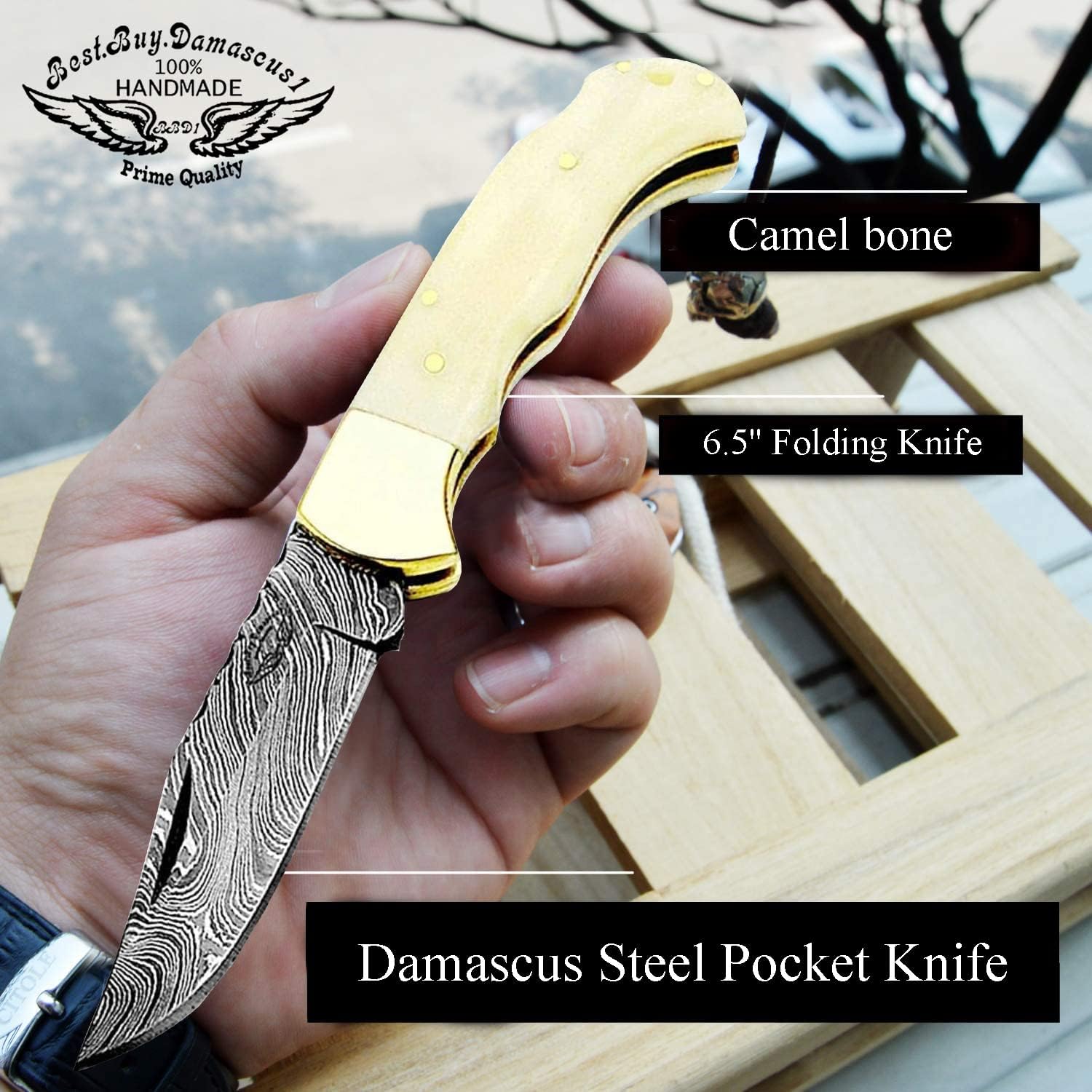 Premium Damascus Folding Pocket Knife with Blue Wood Handle - High-Quality Camping, Hunting & Survival Knife for Men - Perfect Gift for Outdoorsmen & Adventurers - Ideal for Hiking, Fishing & Everyday Carry (Camel)