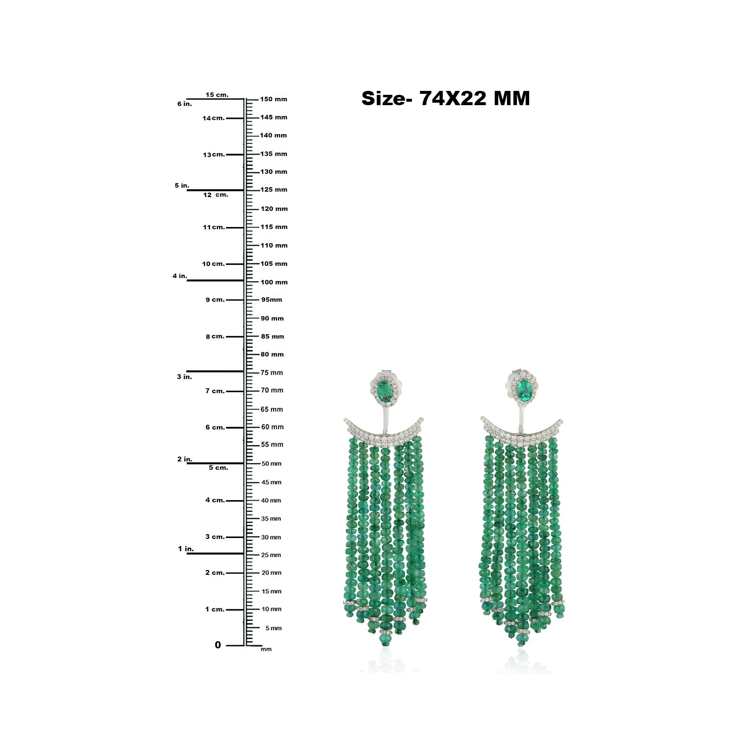 18K White Gold Emerald Beads Chandelier Earrings with Pave Diamonds - Elegant Dangle Jewelry for Weddings, Parties & Evening Events