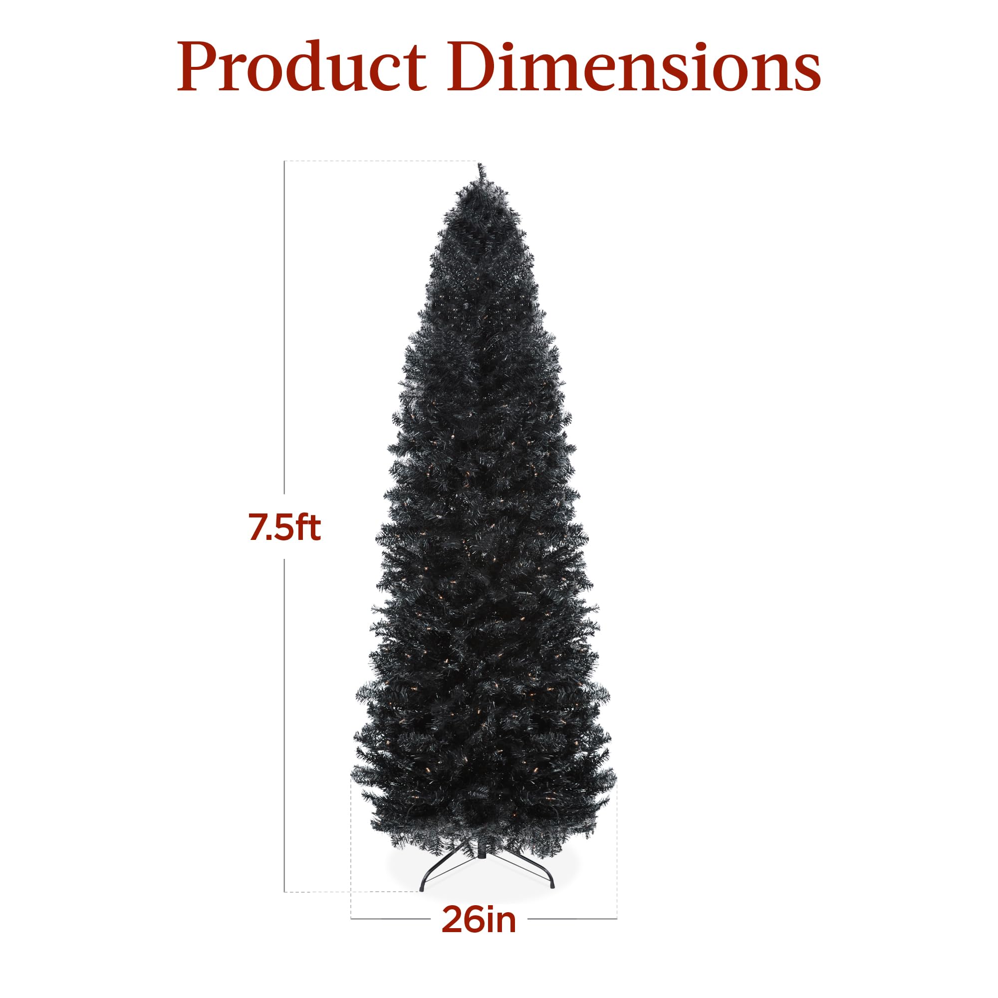 Best Choice Products 7.5ft Pre-Lit Black Pencil Christmas Tree with 300 Incandescent Lights - Slim Artificial Holiday Tree for Home, Office & Party Decor - 972 Tips & Metal Base - Perfect for Small Spaces & Modern Holiday Decorations