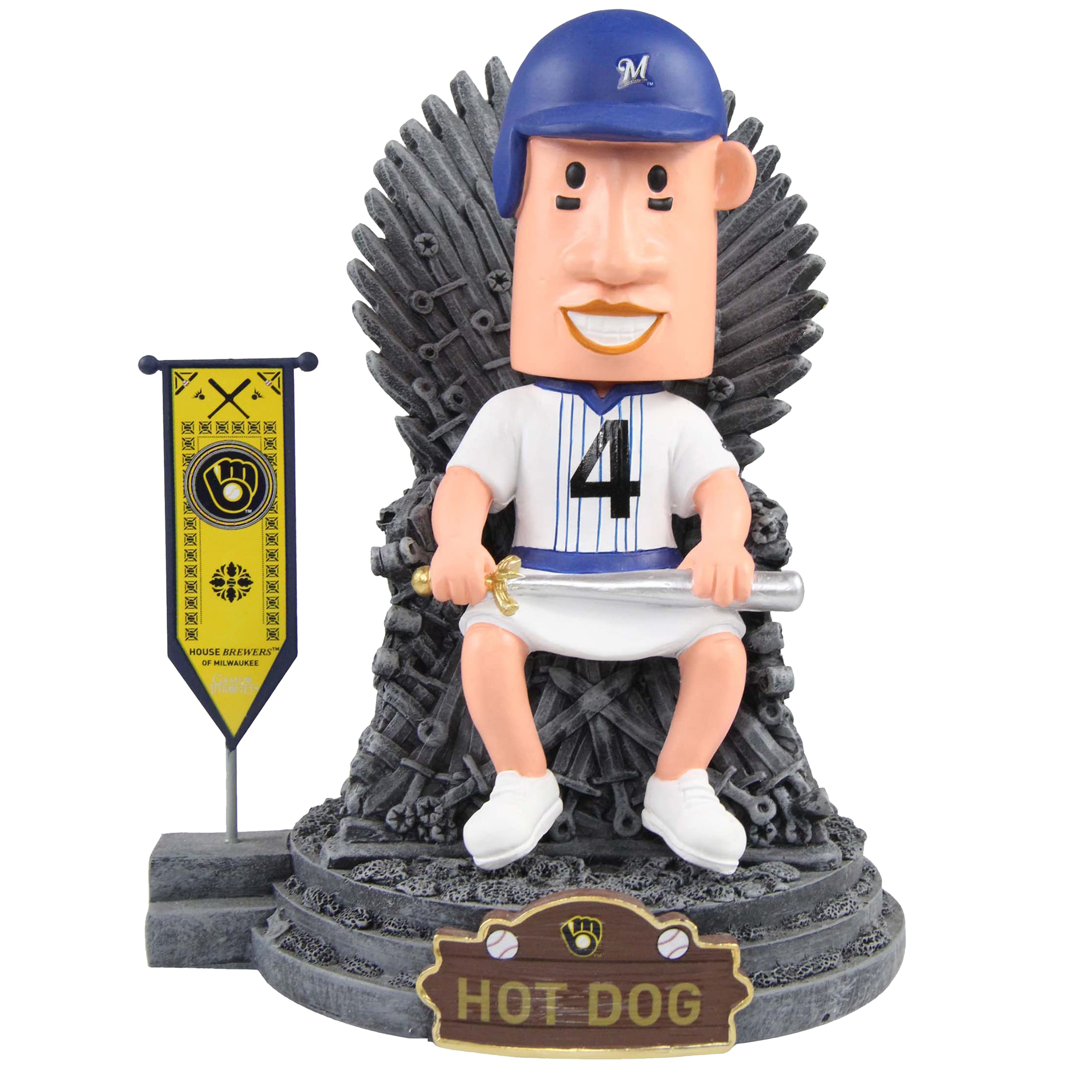 Official Milwaukee Brewers Hot Dog Bobblehead - Game of Thrones Iron Throne Edition | MLB Collectible for Baseball Fans & GOT Enthusiasts | Perfect for Game Day Decor & Fantasy Themed Parties