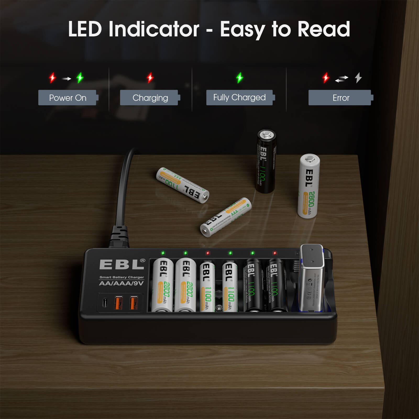 EBL AA AAA 9V Rechargeable Battery Charger with 8 AA & 8 AAA Batteries - Fast Charging for Cameras, Toys, Remote Controls & Electronics