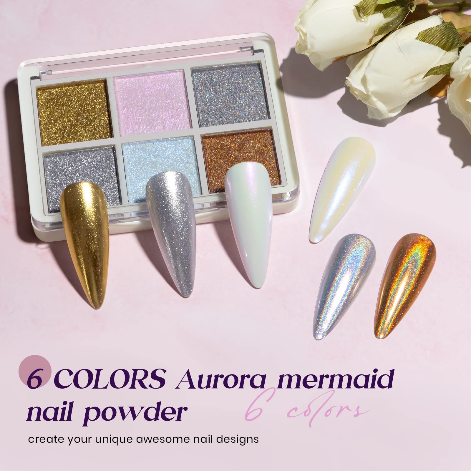 MIZHSE Pearl Chrome Nail Powder - 6 in 1 Iridescent Mermaid Glitter, Holographic Pigment for Nail Art (Aurora Gold, Silver Mirror Powder) | Perfect for Salon, DIY Manicures & Special Occasion Nail Designs