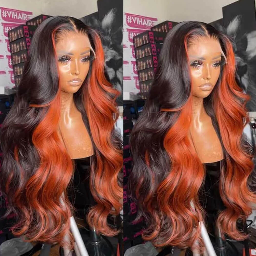 Eullair Highlight Body Wave Lace Frontal Human Hair Wig - Natural Inner Green Orange Color | Perfect for Cosplay, Daily Wear & Special Occasions