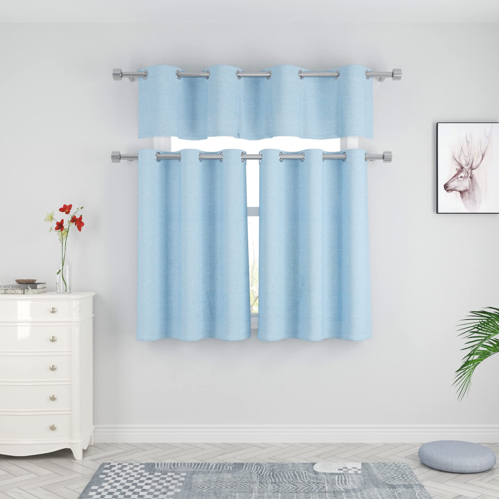 UPOPO 36 Inch Short Sky Blue Kitchen Curtains - Linen Textured Privacy Cafe Curtains with Grommet Top (Set of 2 Panels) for Sink, Cabinet, Caravan, Bathroom & Small Basement Windows - Perfect for Half Windows & Cozy Home Decor