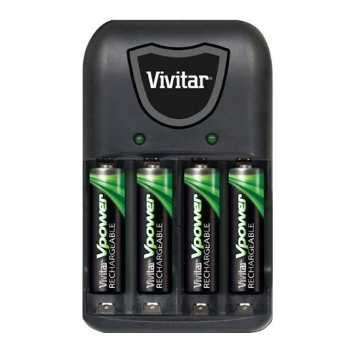 Vivitar Vpower Compact Battery Charger with 4 AAA NiMH Rechargeable Batteries - Perfect for Cameras, Toys, and Electronic Devices