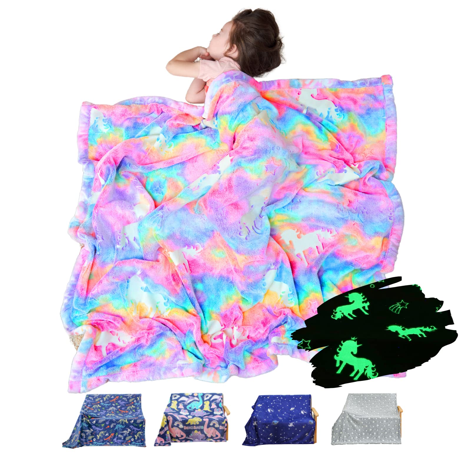 **Rainbow Glow in The Dark Unicorn Blanket for Kids & Girls - Soft Plush Fuzzy Throw Blanket - Personalized Christmas Gift for Kids - Perfect for Bedtime, Movie Nights & Cozy Comfort**