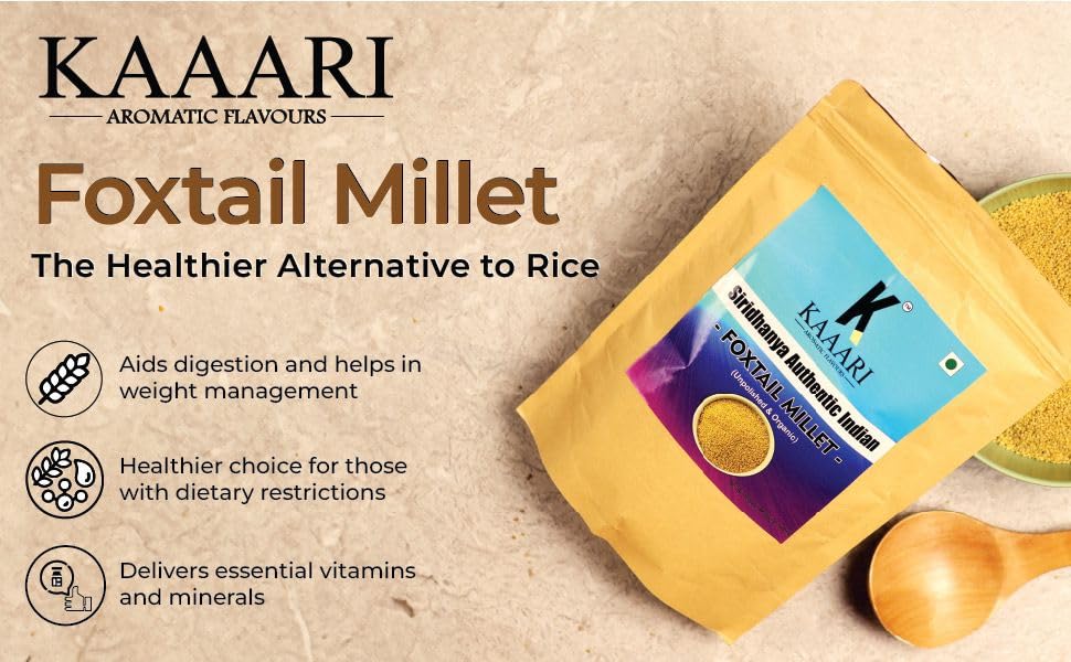 Organic KAAARI Foxtail Millet, 1 kg (2.2 lb) - Gluten-Free Ancient Grain | Low Glycemic Index | High Protein & Fiber | Healthy Rice Alternative for Weight Loss, Diabetics & Keto Diet | Perfect for Porridge, Pilaf & Baking