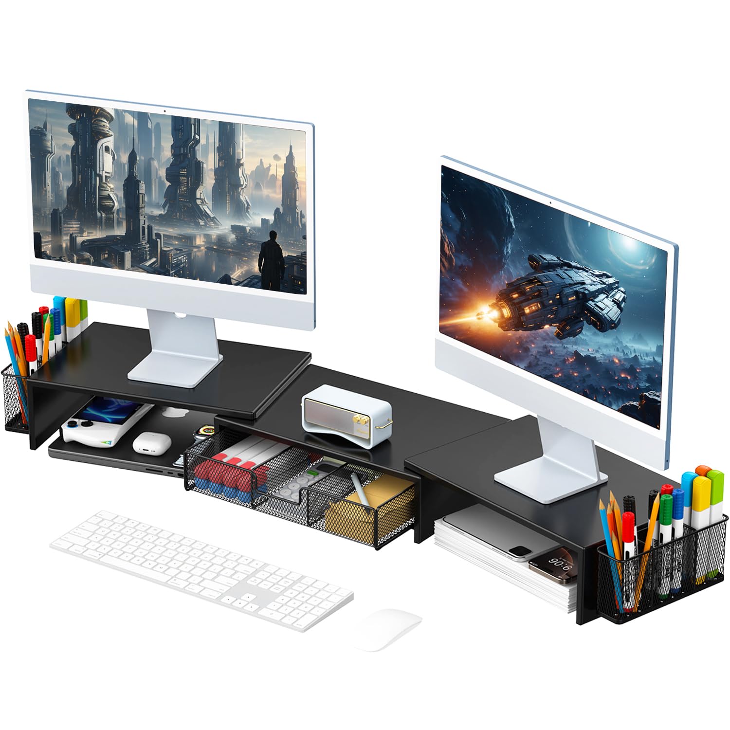 Gianotter Dual Monitor Stand Riser with Drawer & Pen Holders - Adjustable Desk Organizer Shelf for Computer Monitors, Laptops & Office Accessories - Perfect for Home Office, Gaming Setup & Workspace Organization (Black)