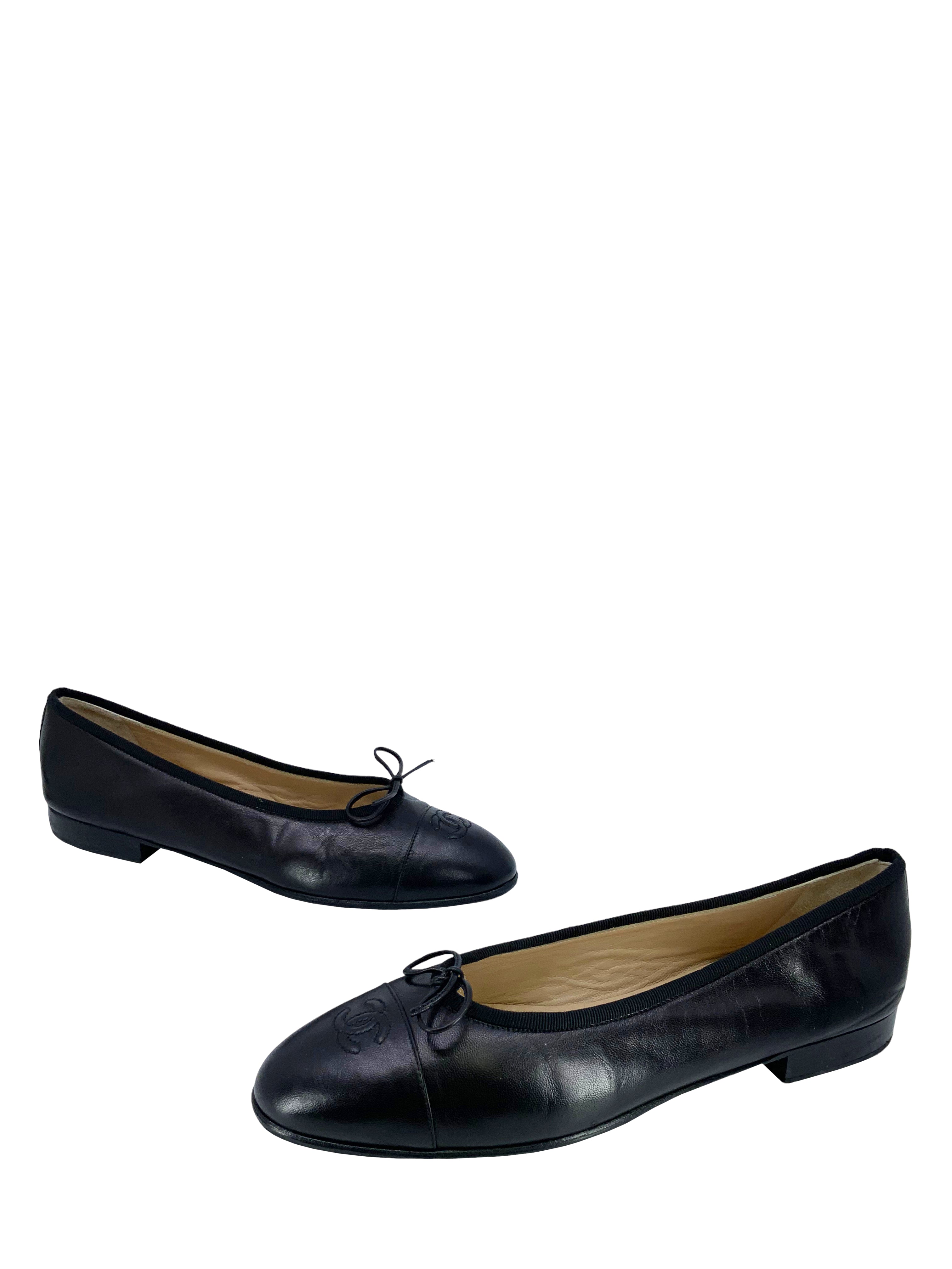 Chanel CC Cap Toe Lambskin Leather Ballet Flats Women's Size 10.5 - Luxury Comfortable Shoes for Work, Date Night & Special Occasions