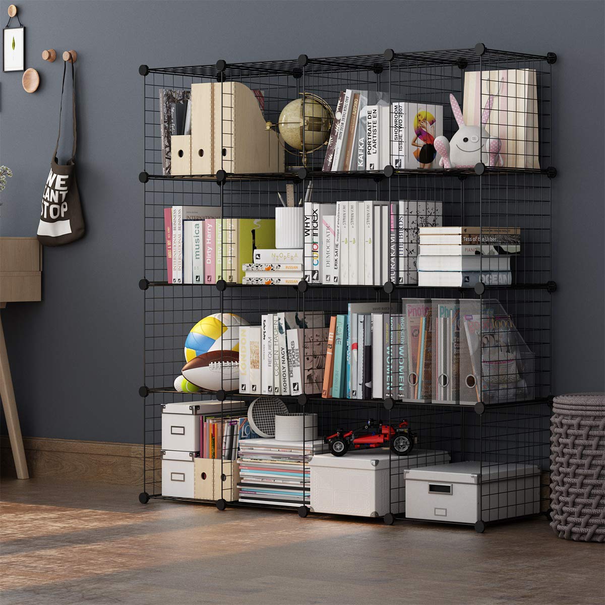 TUMUCUTE 16-Cube Wire Storage Shelves - Stackable Metal Bookshelf & Modular Closet Organizer for Bedroom, Living Room, Office - Black Iron Storage Cubes | Perfect for Home Organization, Closet Storage & Office Supplies