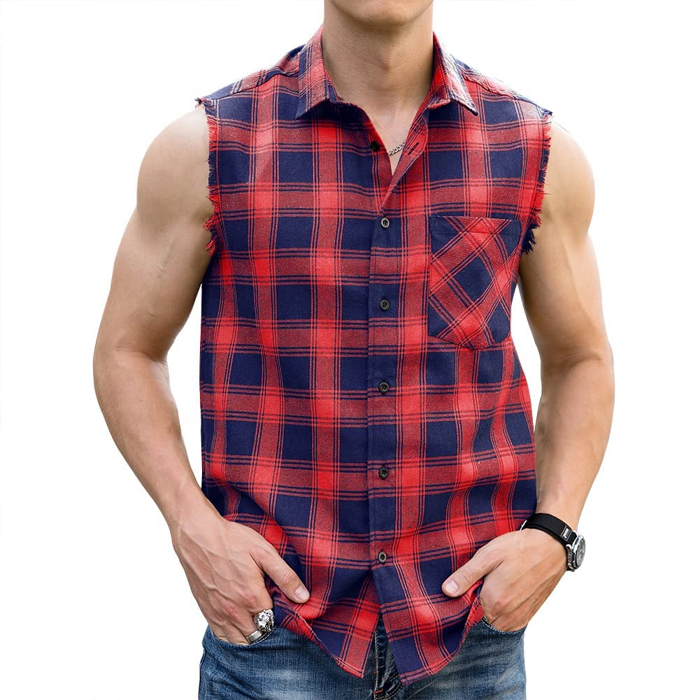 LOGEEYAR Men's Sleeveless Plaid Flannel Shirt - Button Down Casual Vest for Outdoor Camping, Hiking & Summer Fashion