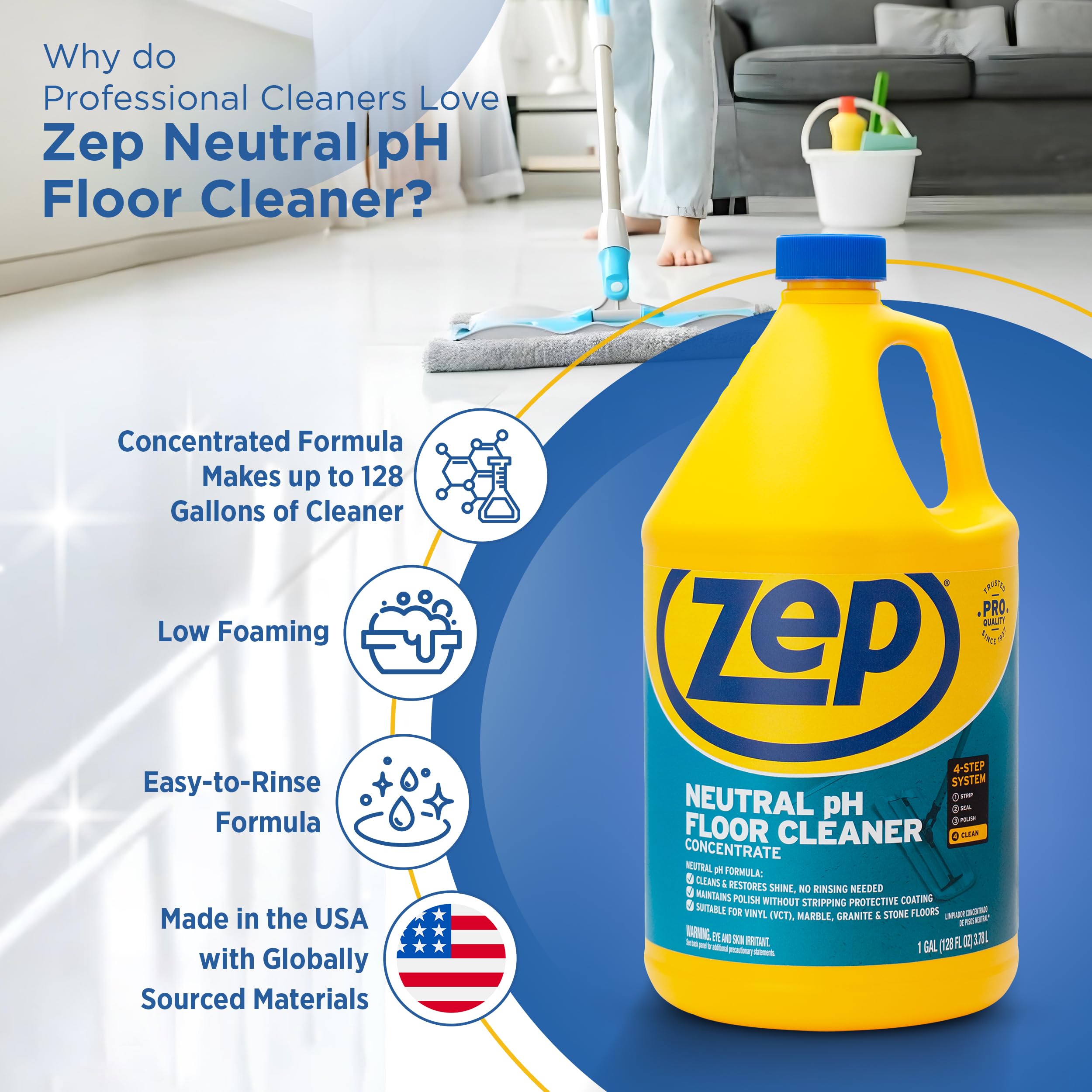Zep Neutral pH Industrial Floor Cleaner Concentrate - 1 Gallon (Pack of 2) | All-Purpose Commercial & Home Floor Cleaning Solution | Safe for Tile, Vinyl, Concrete & More | ZUNEUT128 | Ideal for Warehouses, Garages & High-Traffic Areas