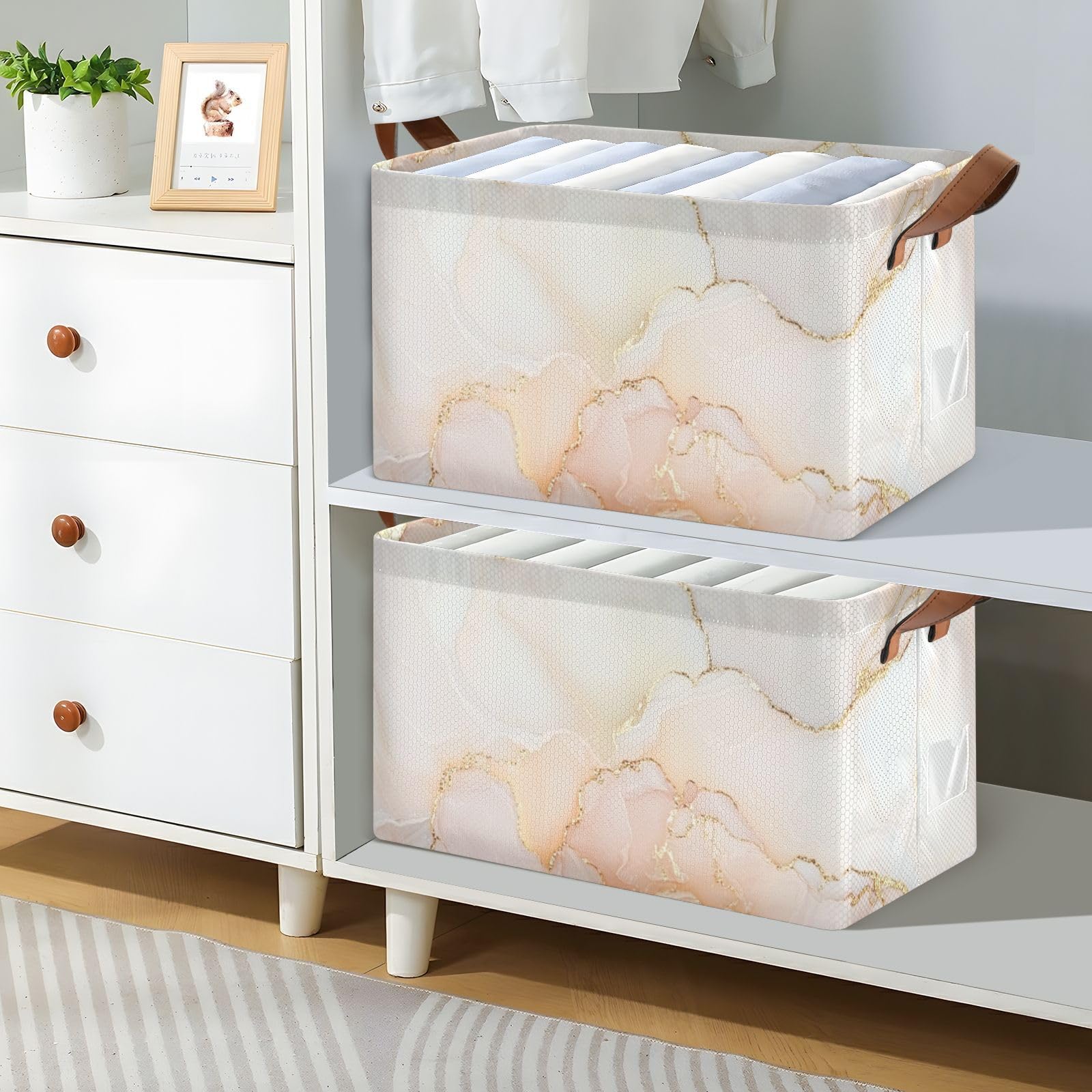 Marble White Blush Collapsible Fabric Storage Bins with Handles - 2 Pack Foldable Cube Baskets for Closet, Bedroom & Home Organization - Perfect for Clothes, Toys & Seasonal Storage