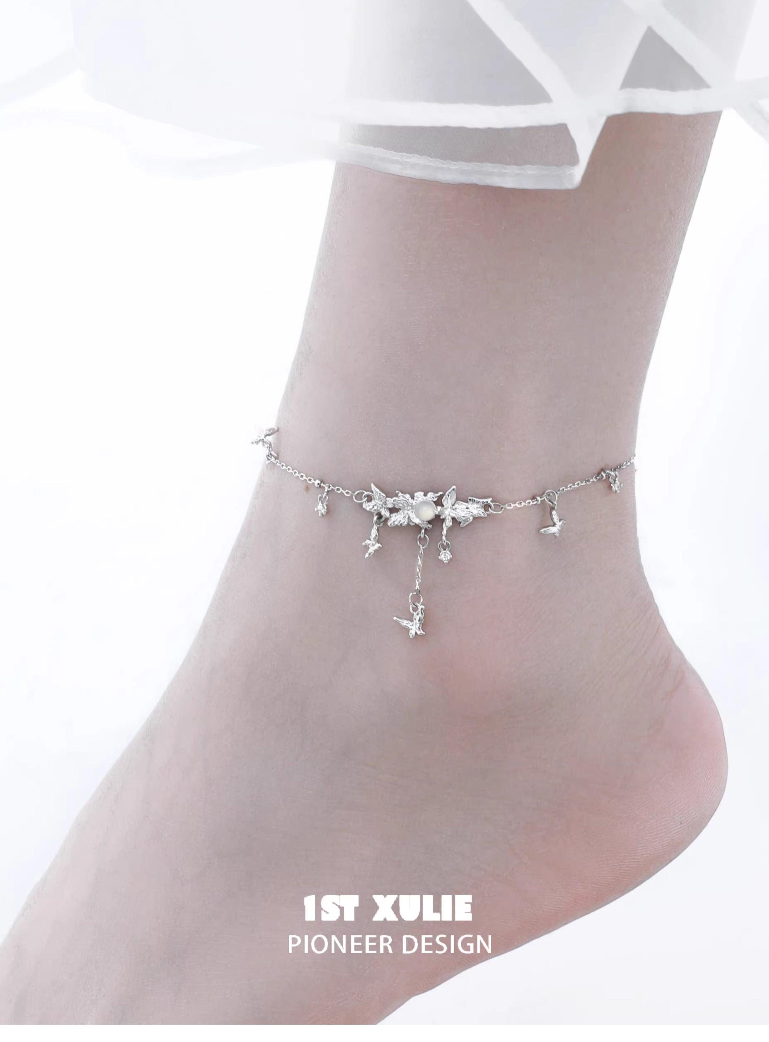 Whiterfly S925 Sterling Silver White Agate Cat's Eye Anklet Bracelet for Women - Elegant Ankle Jewelry for Daily Wear & Special Occasions