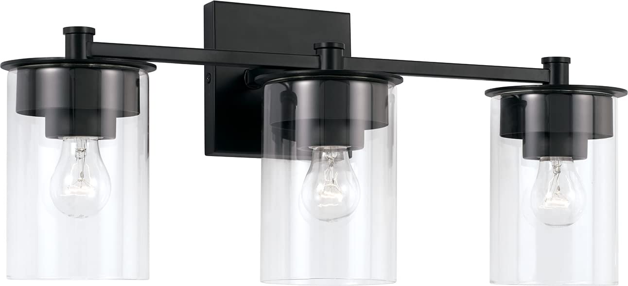 HomePlace Lighting 146831MB-532 3-Light Black Transitional Vanity Light with Clear Glass Cylinder Shades - 300W, 9