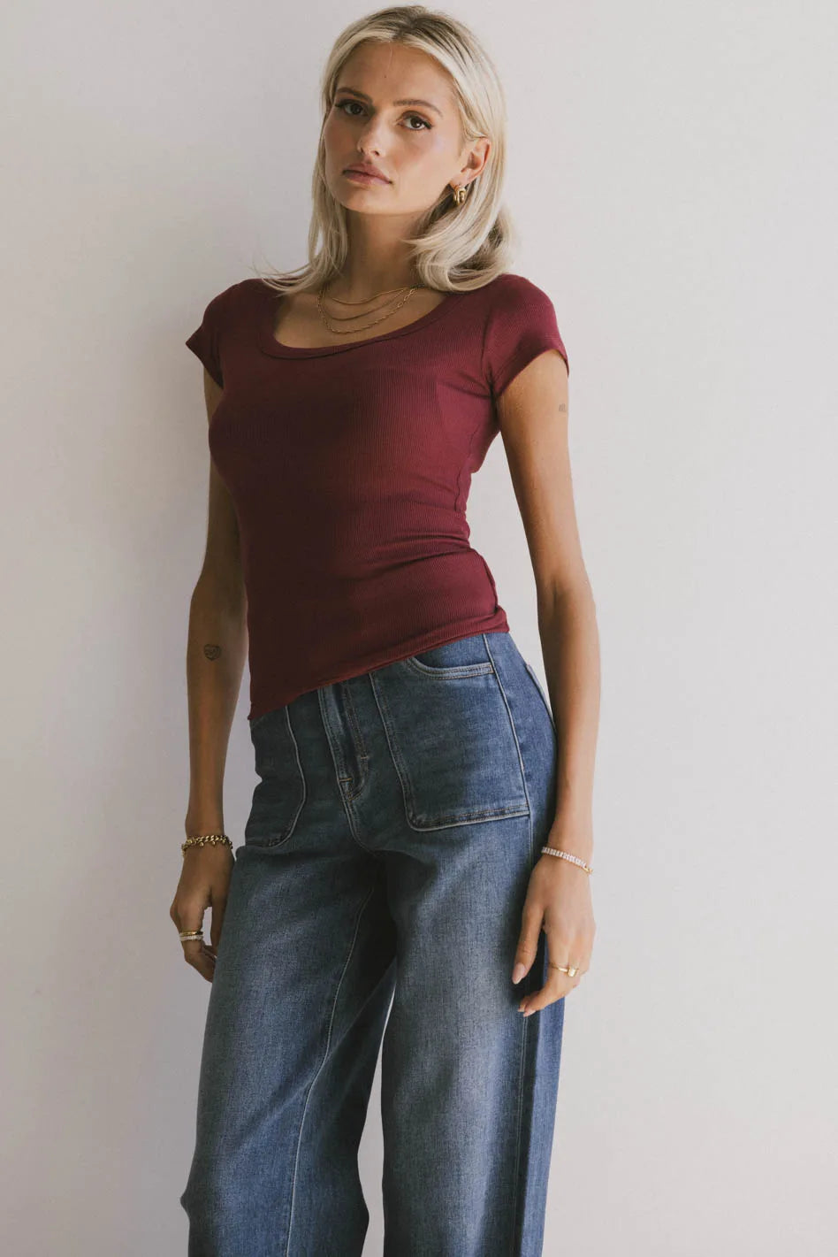 Freya Ribbed Burgundy Women's T-Shirt | Soft Stretch Fit Casual Top | Perfect for Layering, Work & Everyday Wear