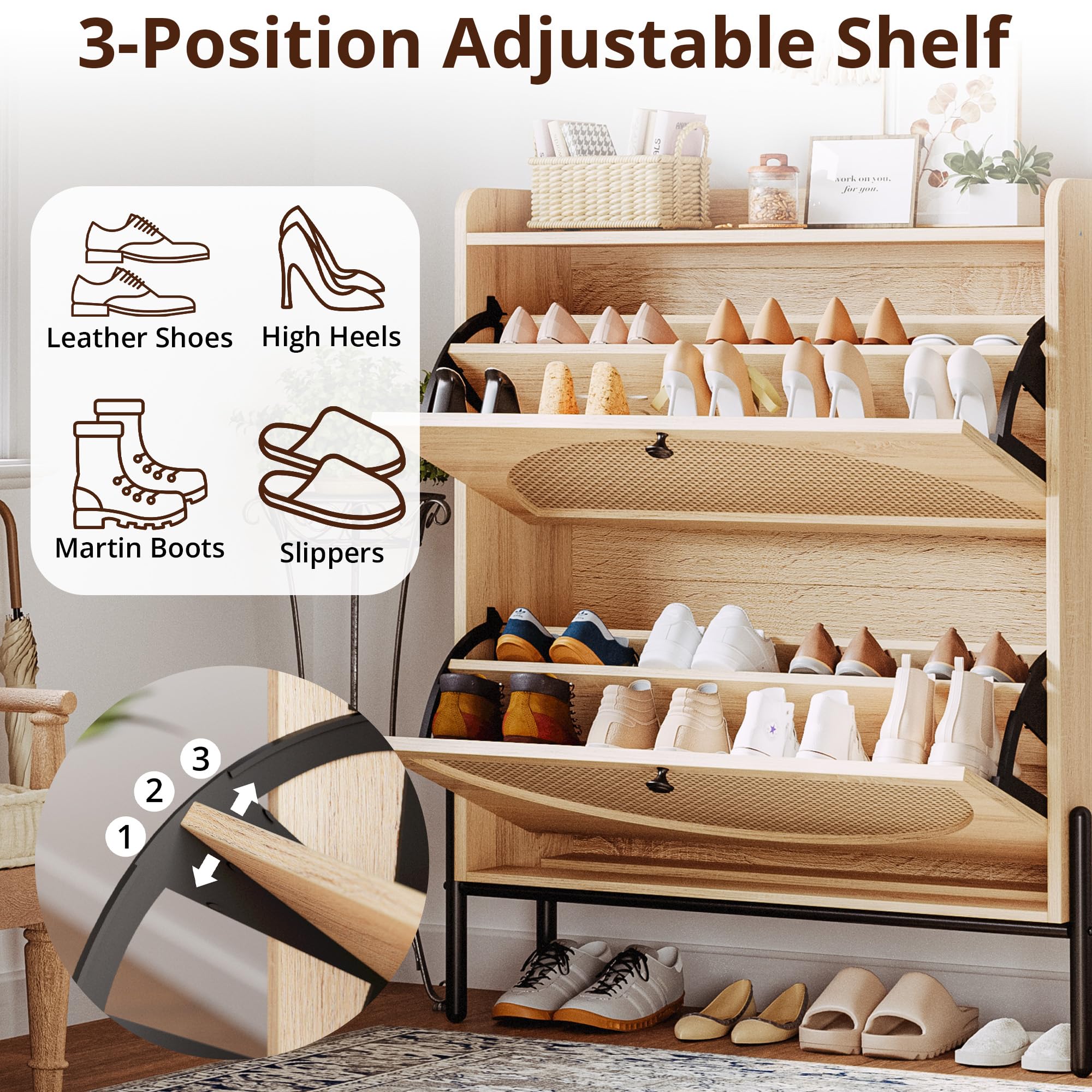 IRONCK 2-Tier Flip Drawer Shoe Cabinet - Free Standing Wooden Shoe Storage Organizer with Rattan Doors - Narrow Entryway Shoe Rack for Hallway, Bedroom, or Closet - Oak Finish (Space Saving Shoe Organizer)