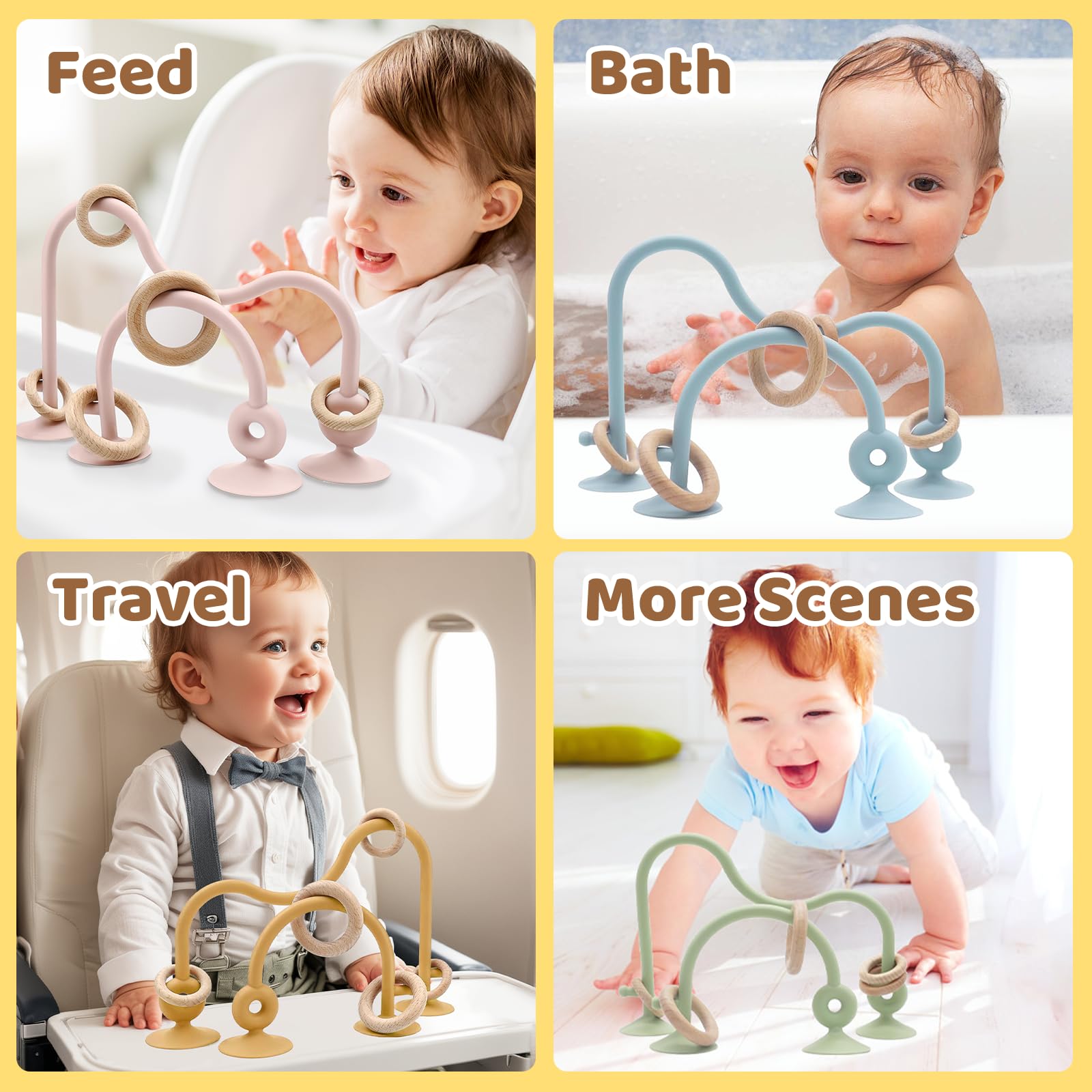 Baby High Chair Toys & Teething Chew - Safe Silicone Teethers for 6-18 Months | Food Grade, BPA-Free Suction Toy for High Chair & Table Play | Green & Yellow | Perfect for Mealtime & On-the-Go Soothing