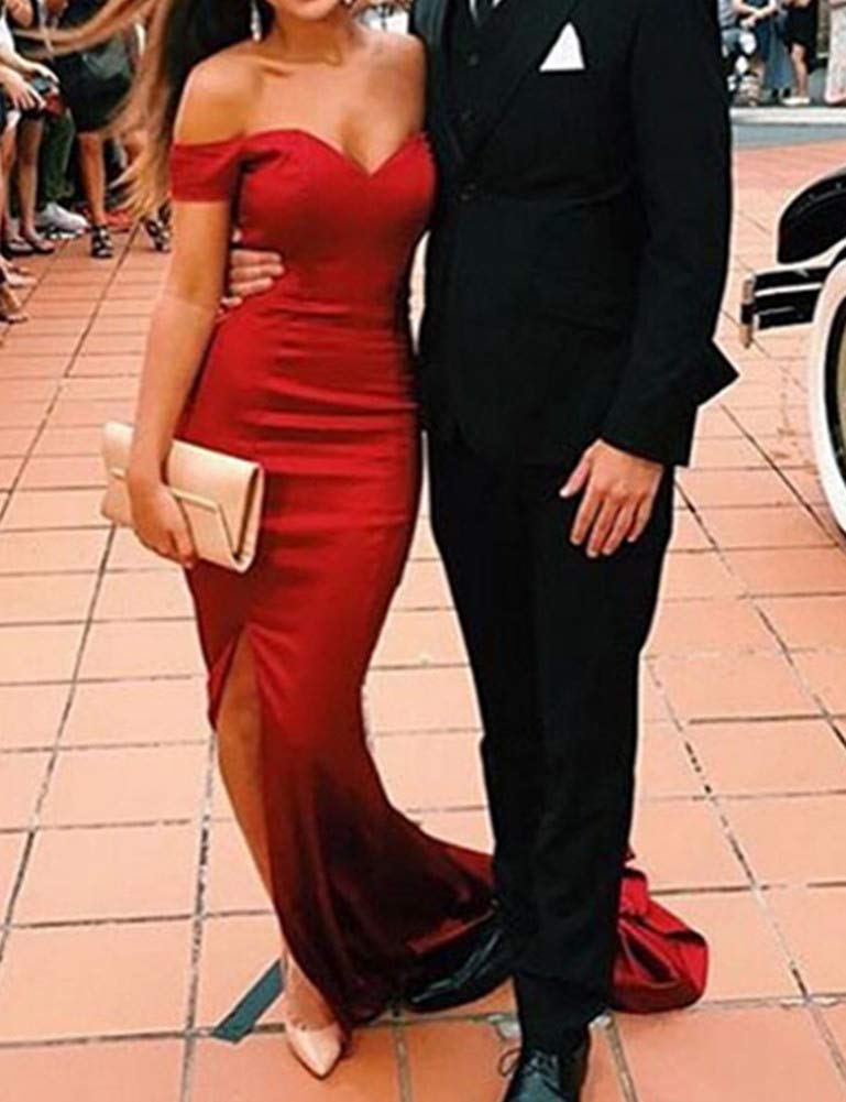 Elegant Women's Satin Off-The-Shoulder Long Mermaid Evening Dress with High Slit - Violet Prom Gown for Formal Events, Parties & Special Occasions