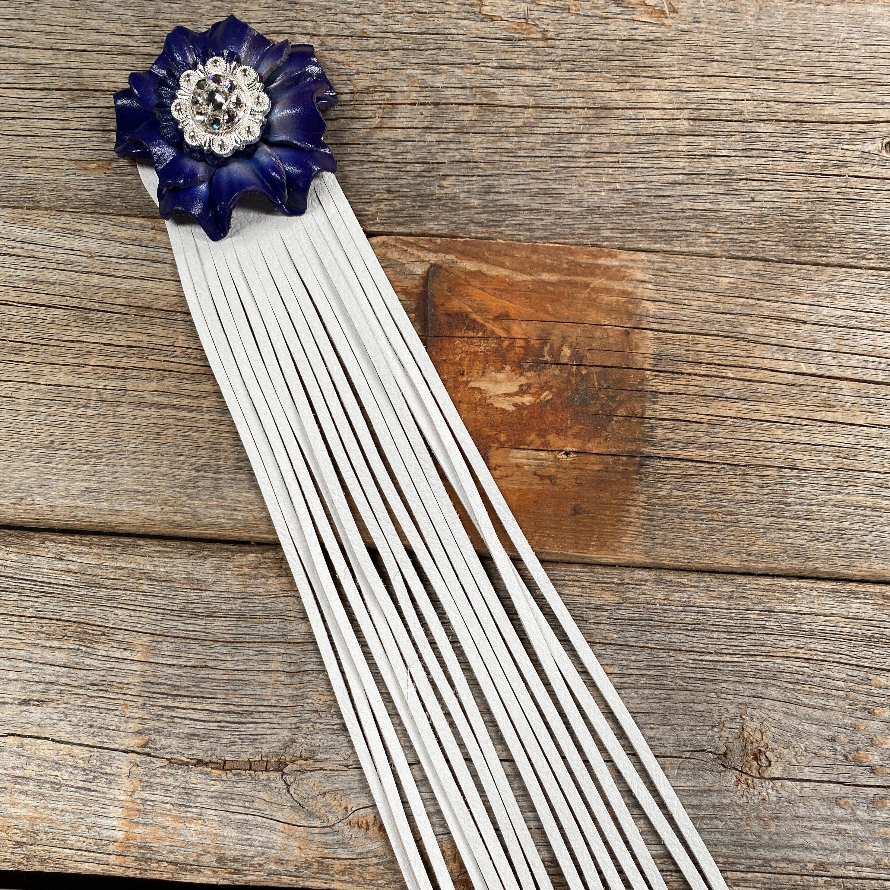 Blue Leather Carnation Flower with White Fringe - Boho Home Decor, Wedding Bouquet, DIY Craft Supplies, Gift for Women