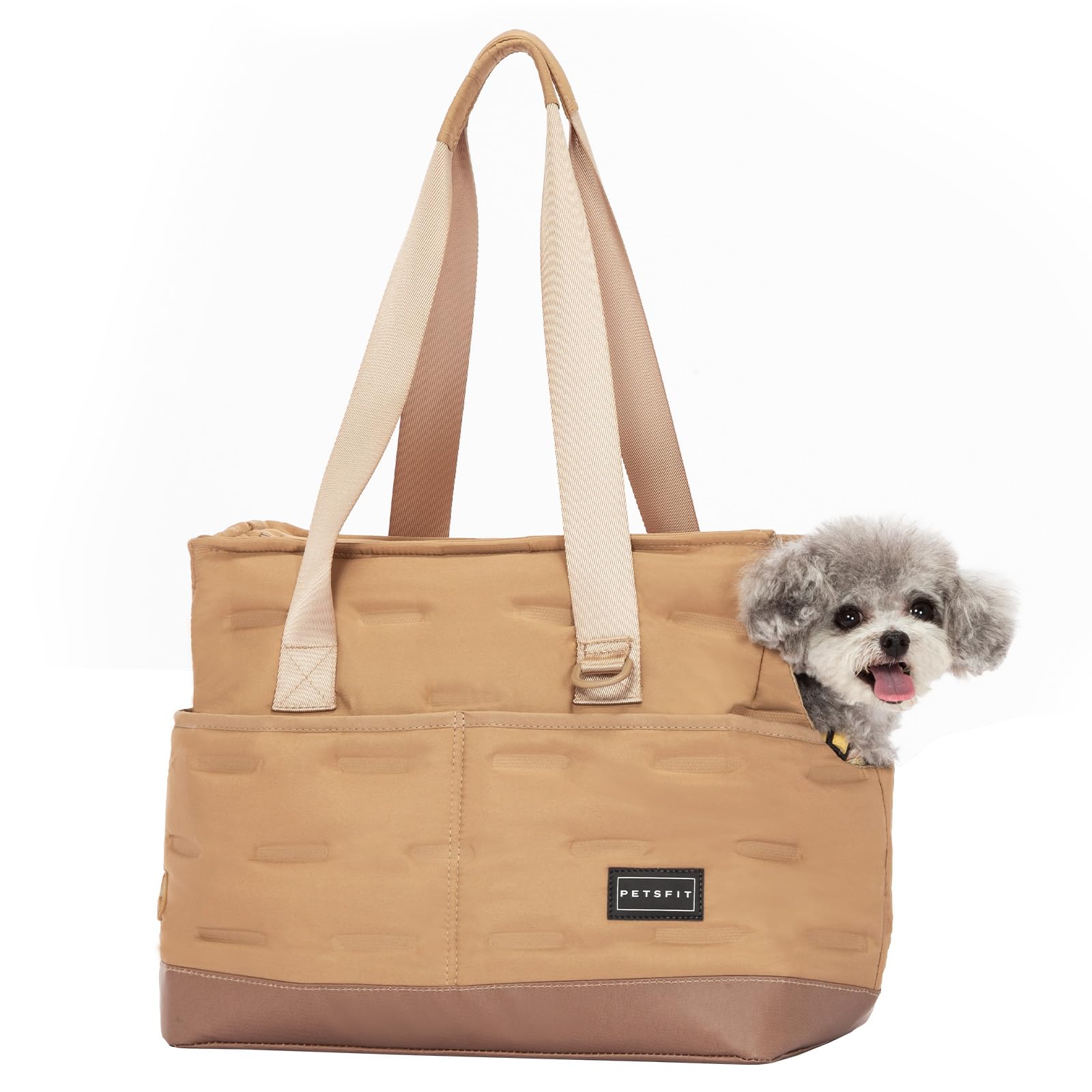 Petsfit Small Dog Carrier Purse - Portable Pet Tote for Cats & Small Dogs with Adjustable Safety Leash, Pockets, Waterproof TPU Bottom & Poop Dispenser - Perfect for Travel, Shopping & Vet Visits (Khaki)