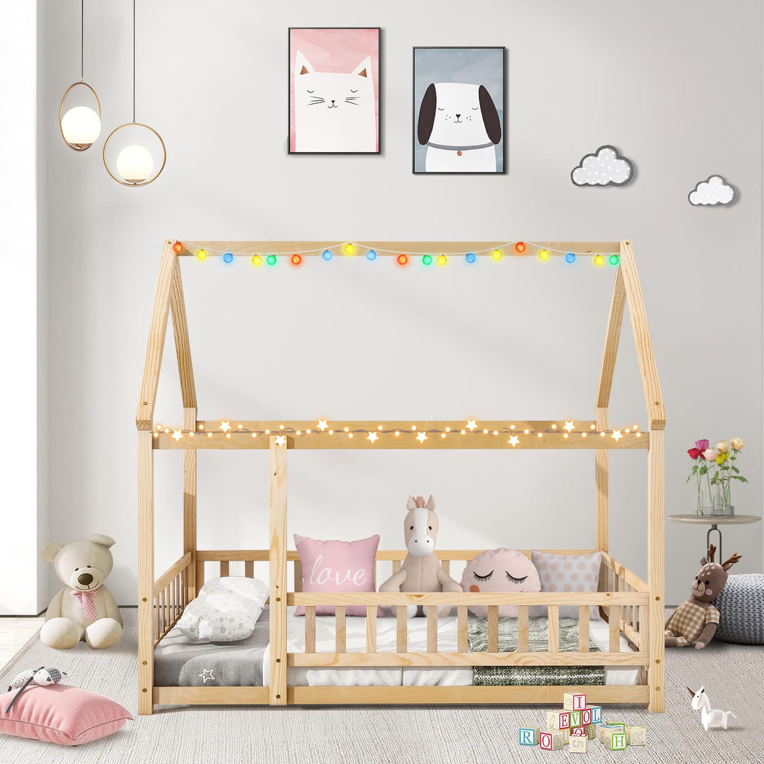 Montessori Full Size House Bed with Fence & Roof Design - Natural Wood Floor Bed Frame for Kids, Toddlers Boys & Girls - Perfect for Bedroom, Playroom & Montessori Learning Spaces
