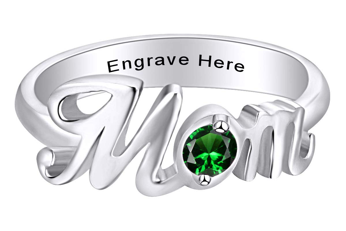 Personalized 14k White Gold Over Sterling Silver Round Simulated Birthstone Promise Ring for Mom - Thoughtful Jewelry Gift for Mother's Day, Birthday & Anniversary