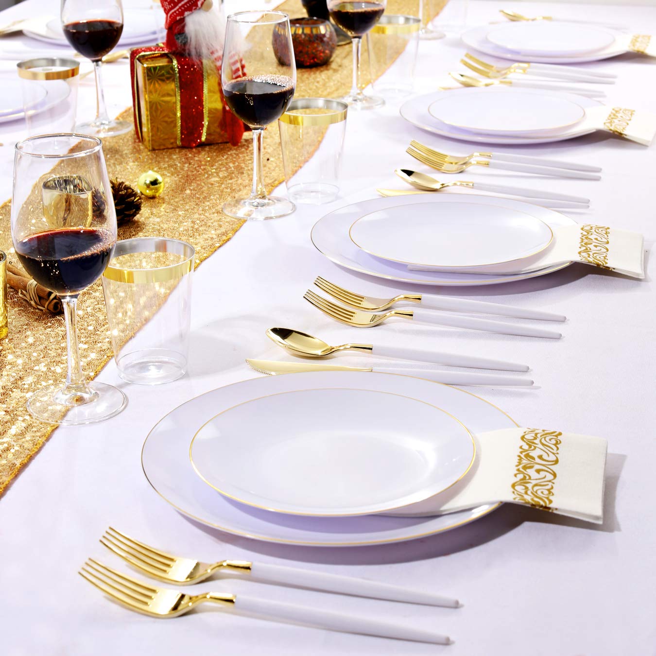 100-Piece Gold Plastic Plates - 10.25 Inch Elegant Disposable Dinner Plates for Wedding, Party, Christmas - Heavyweight White & Gold Design - Perfect for Banquets, Holiday Gatherings & Special Events