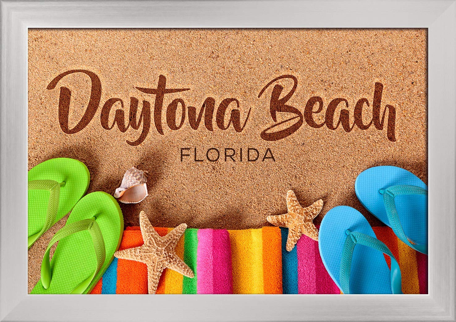 Florida Daytona Beach Flip Flops Fine Art Print - 12x18 Giclee on Recycled Wood Frame with Silver Finish | Coastal Home Decor, Beach House Wall Art, Vacation Memory Gift