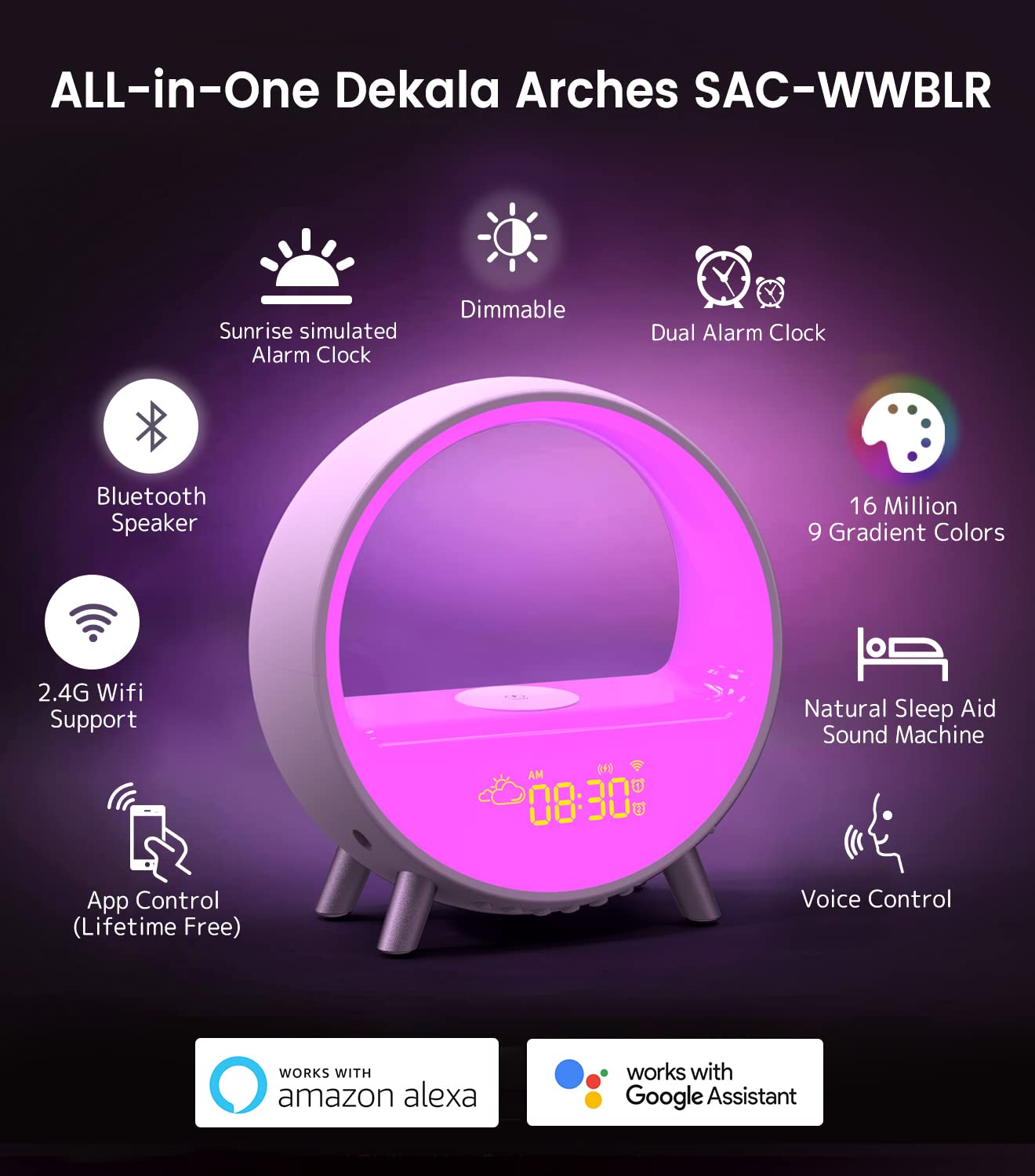 Updated Smart Dekala Arches Sunrise Alarm Clock with 15W Fast Wireless Charging, White Noise Sound Machine & Smart Ambient Lamp - Gradual Sunrise Simulation, App & Touch Control for Better Sleep & Relaxation (Perfect for Bedrooms, Offices & Meditation Spaces)