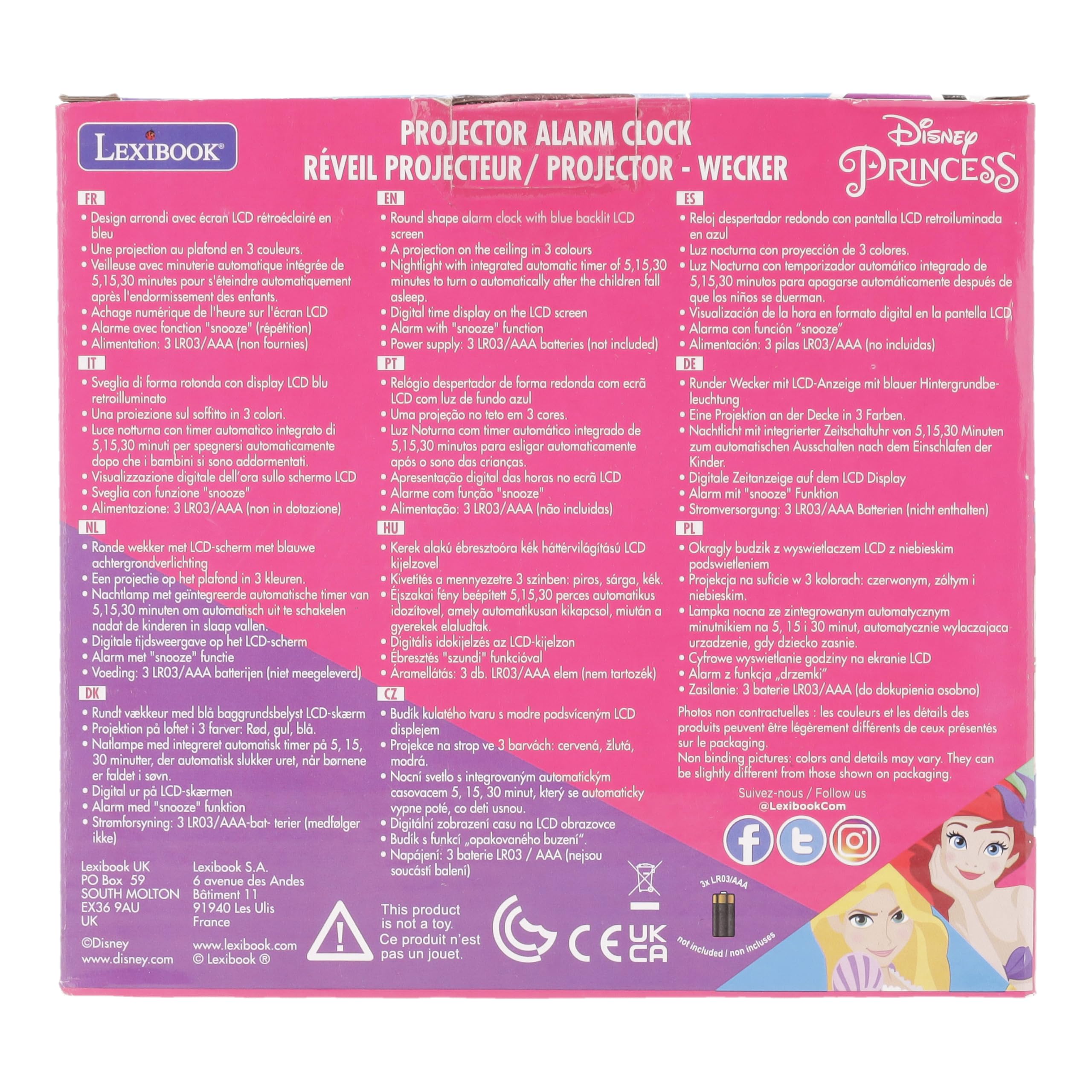 Disney Princess Projector Clock with Snooze Alarm - LCD Screen Night Light with Timer, Battery Operated Pink Clock for Kids | Perfect for Bedrooms, Nurseries, and Kids' Rooms as Night Light & Alarm Clock