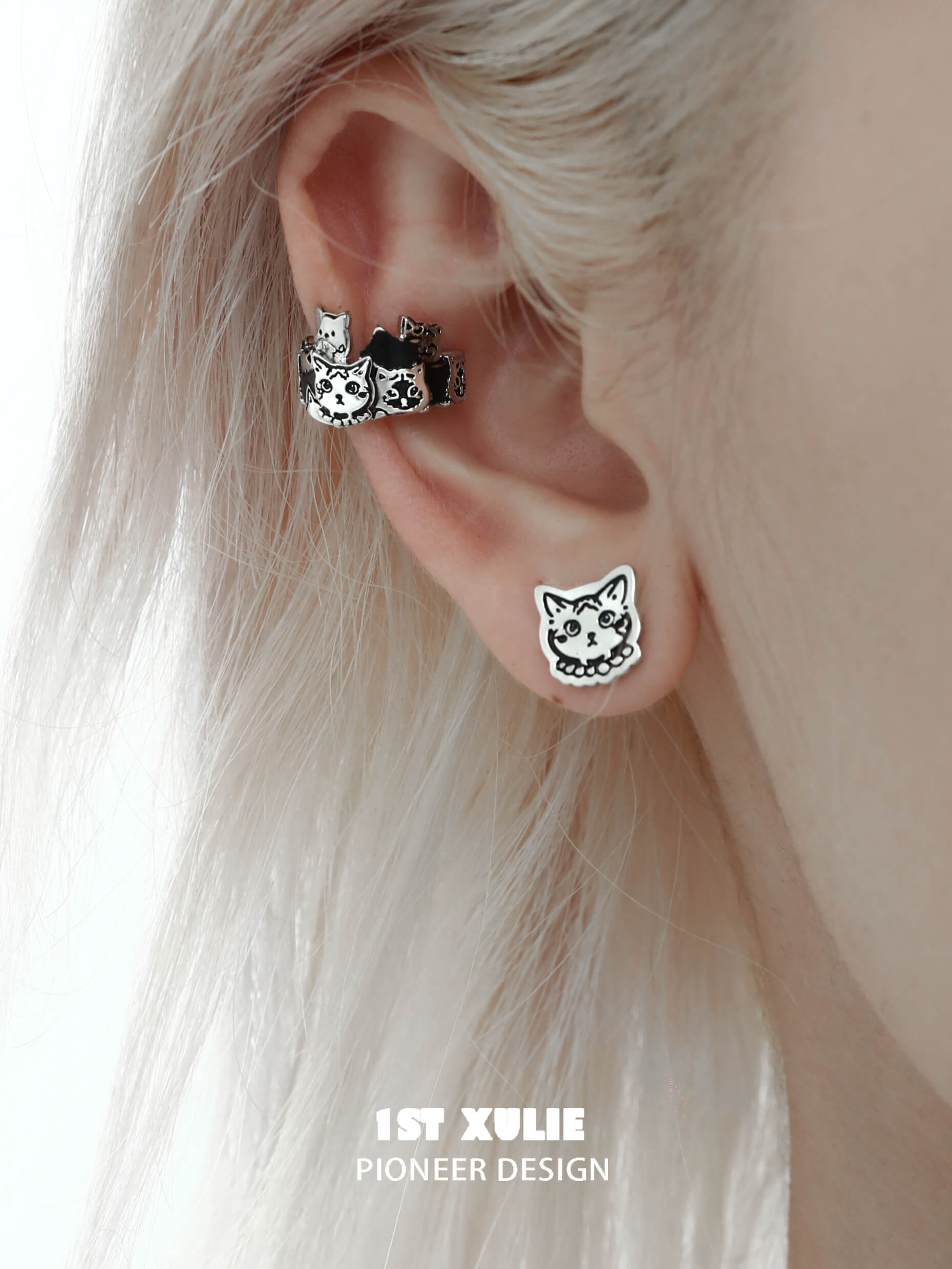 Graffiti Kitten S925 Sterling Silver 18K Gold Plated Stud Earrings - Cute Cat Jewelry for Women, Girls - Perfect for Gifts, Parties & Everyday Wear