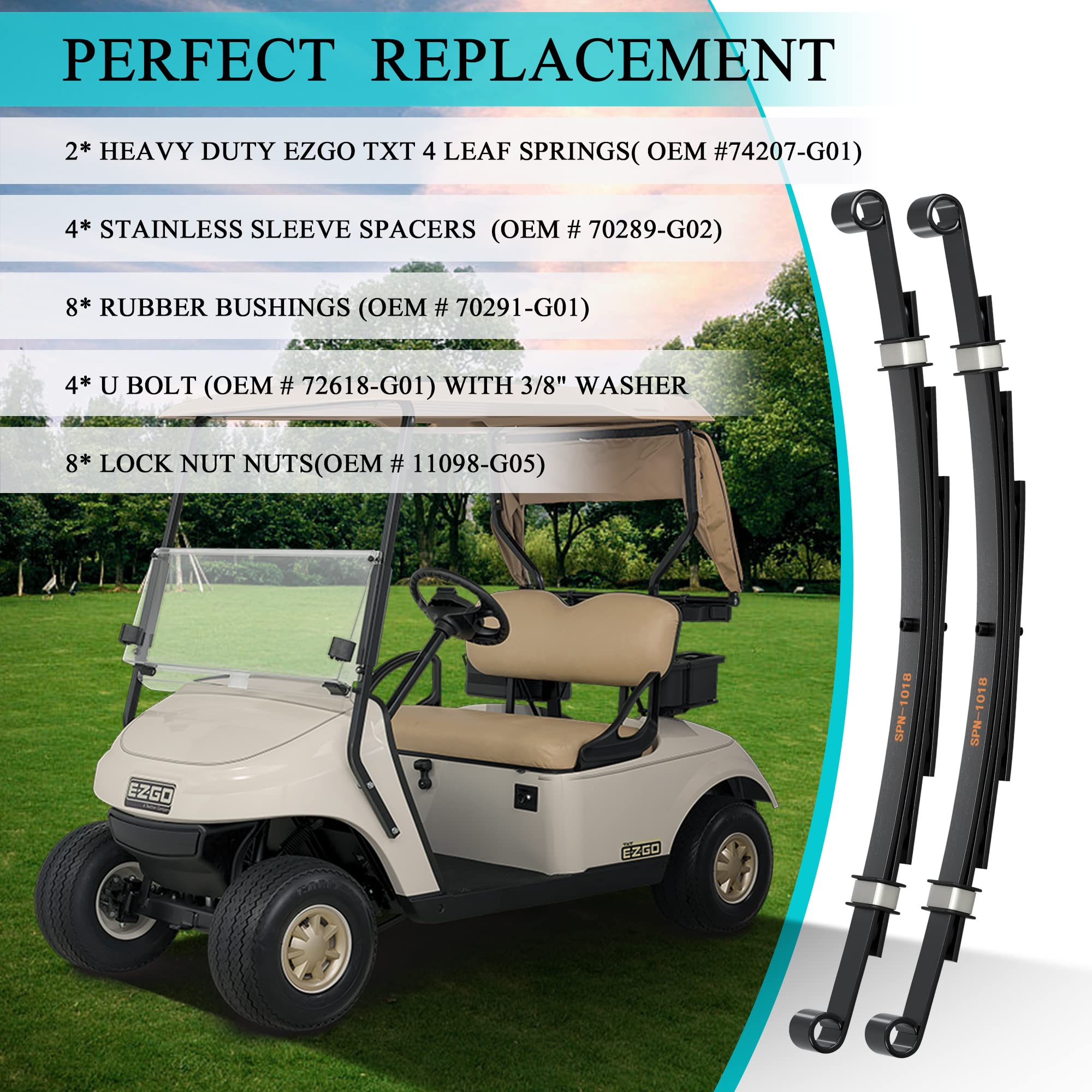Heavy Duty 4-Leaf Spring Kit with Bushings & Sleeves for EZGO TXT Golf Cart 1995-2013 - Replacement Suspension Parts for Smooth Ride on Golf Courses & Campuses
