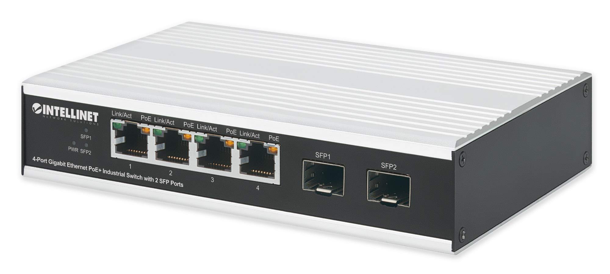 Intellinet 4-Port Gigabit PoE+ Industrial Ethernet Switch with 2 SFP Ports (508254) - Reliable Network Solution for Factories, Warehouses & Outdoor Installations