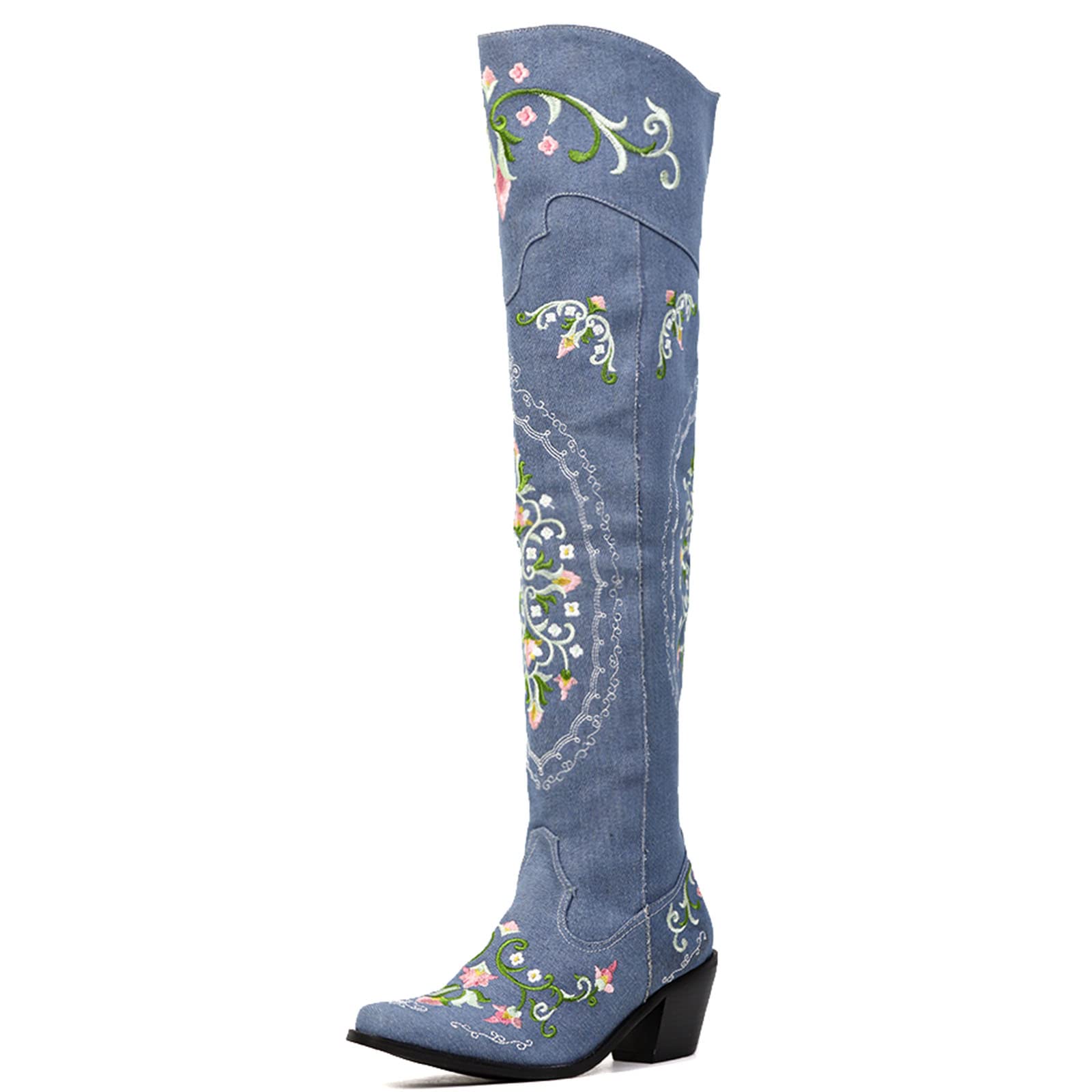 SaraIris Women's Cowgirl Boots - Knee High Western Boots with Chunky Heel, Pointed Toe & Floral Embroidery | Denim Thigh High Cowboy Boots with Side Zipper | Perfect for Country Concerts, Rodeo Events & Fall Fashion Outfits