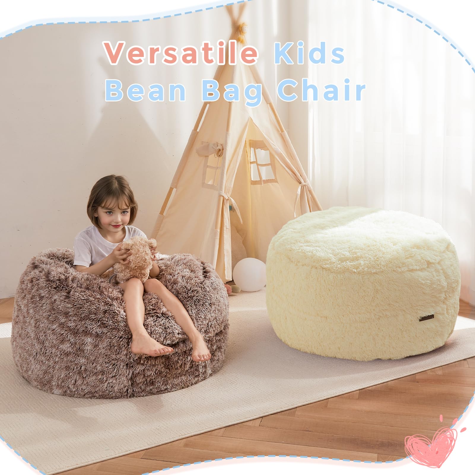 MAXYOYO Kids Bean Bag Chair Bed - Convertible Plush Bean Bag Folding from Chair to Floor Mattress for Boys & Girls, Beige - Perfect for Playroom, Bedroom & Lounge Areas