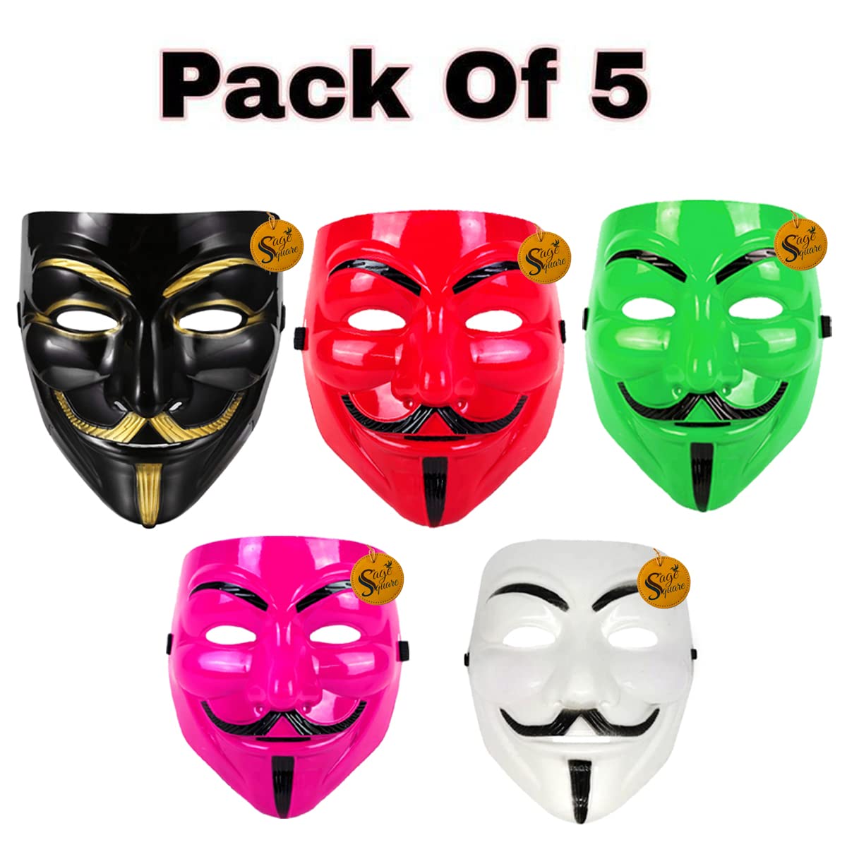 V for Vendetta Anonymous VIP Edition Face Mask Set of 5 - Sage Square, Black, White, Red, Green & Pink Fawkes Masks - Perfect Fit for Cosplay, Halloween, Protests & Movie-Themed Events