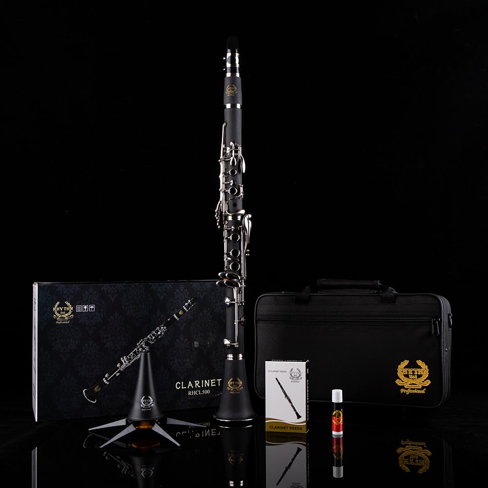 Professional Bb Clarinet with 17 Nickel Keys - Ideal Woodwind Instrument for Beginners & Students - Includes Hard Case, Stand, 10 Reeds & Cleaning Kit (Black/Silver) - Perfect for School Band, Orchestra & Music Practice