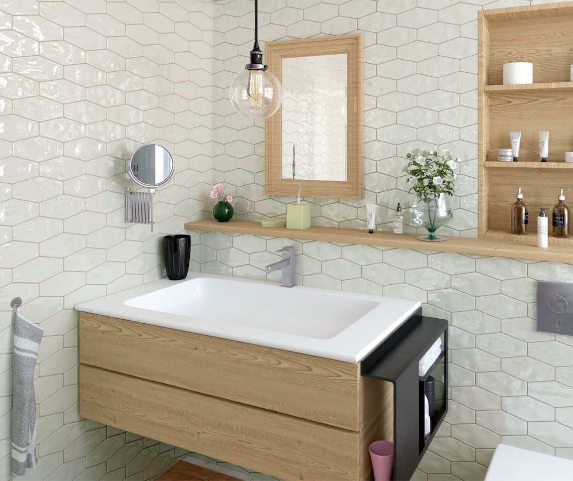 Hexagon Tile Glossy Cream 4x8 Long - Premium Ceramic Wall & Floor Tiles for Kitchen Backsplash, Bathroom, and Shower Renovation