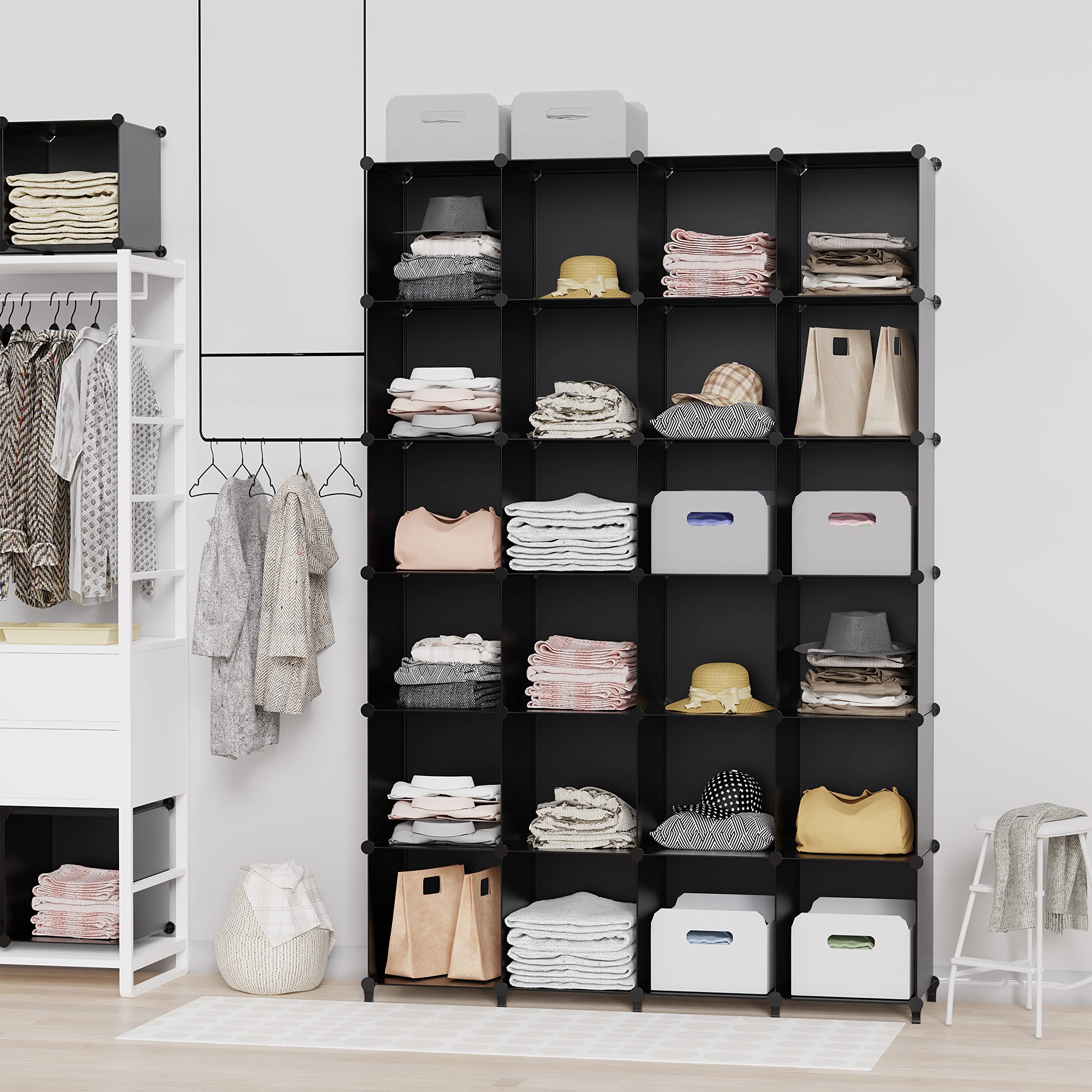 6-Cube Closet Organizer with Metal Hammer - Versatile Storage Shelf & Bookshelf for Bedroom, Kitchen, Office - Space-Saving Cabinet for Clothes, Toys, Books & Home Organization (Black) - Perfect for Small Spaces & Home Decor