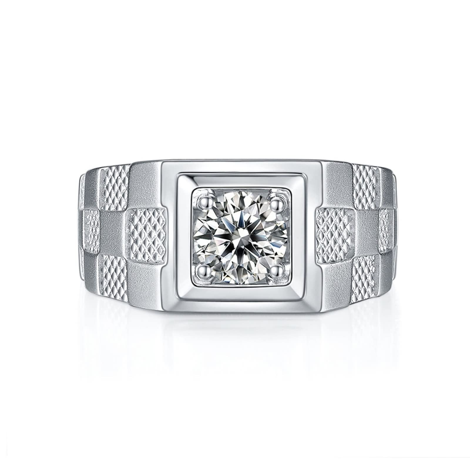 Men's Promise Rings Sterling Silver - White Gold Grid Wide Band with Zirconia - Wedding, Engagement & Anniversary Jewelry for Him - Perfect Gift for Boyfriend, Husband & Special Occasions