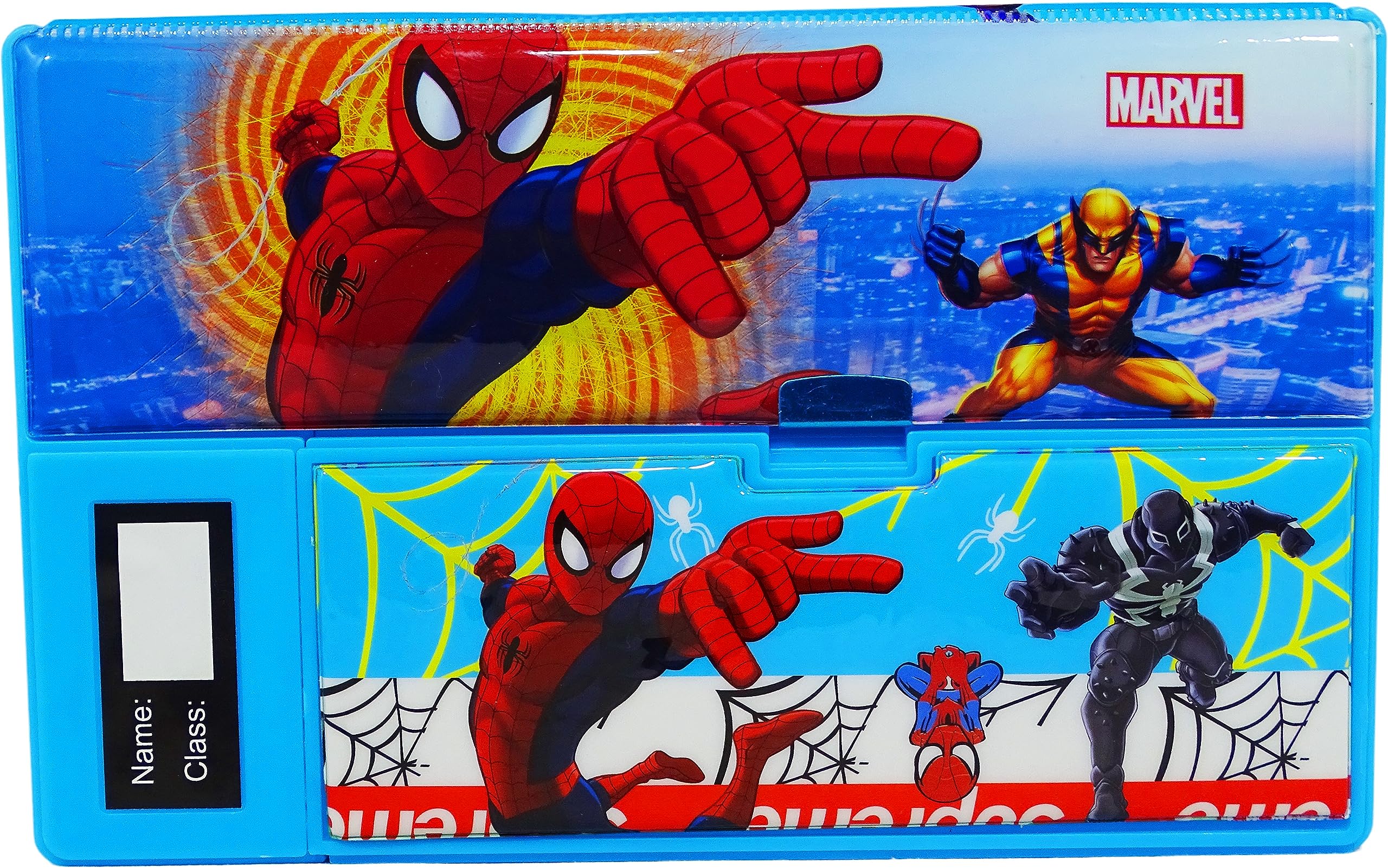 DISHVY Avengers Themed Spiderman Plastic Pencil Case with Built-in Dual Sharpener - Blue School Supplies for Kids, Students & Office Use - Perfect for Classroom, Homework & Art Projects